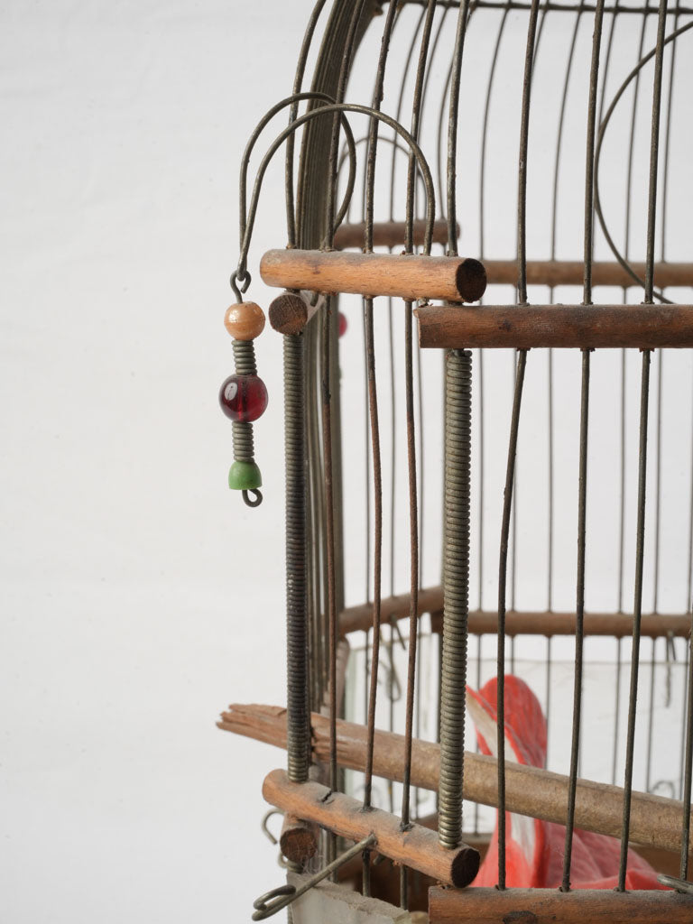 Petite French Wood And Iron Birdcage W/ Ceramic Cardinal Bird Circa 1900 - 22"