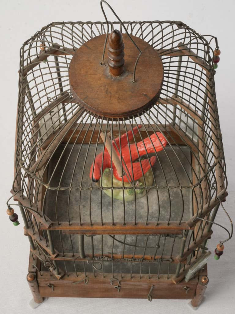 Petite French Wood And Iron Birdcage W/ Ceramic Cardinal Bird Circa 1900 - 22"