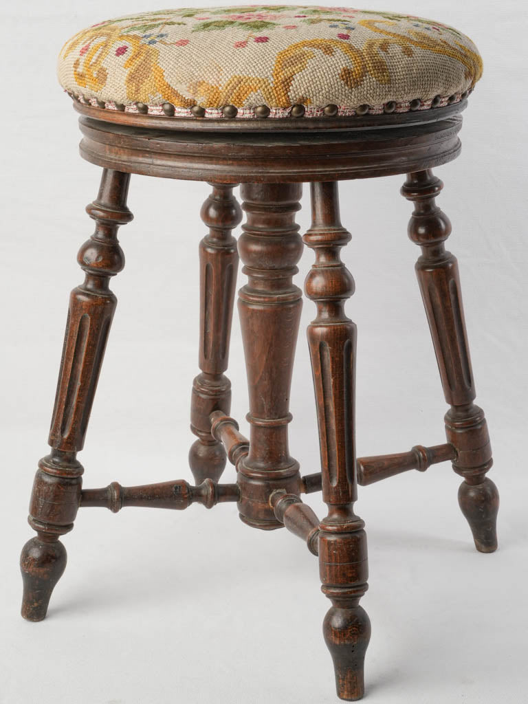 Late 19th Century Adjustable Music Stool W/ Needlepoint Seat- 20"
