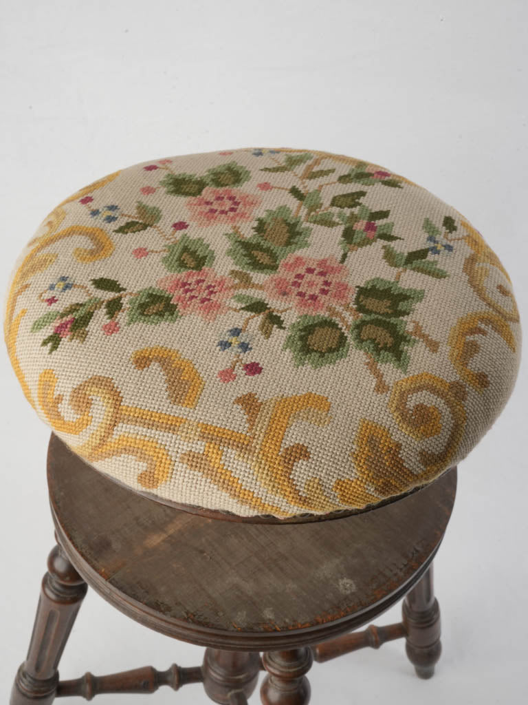 Late 19th Century Adjustable Music Stool W/ Needlepoint Seat- 20"