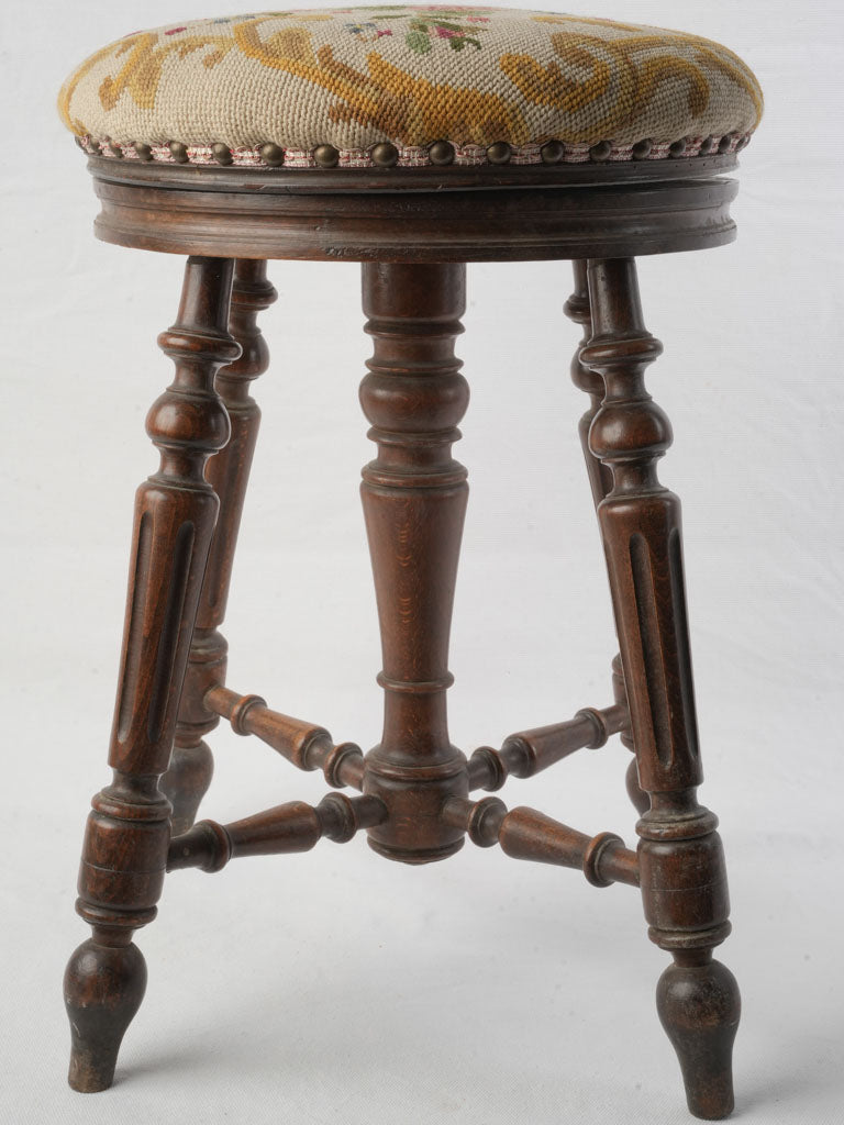 Late 19th Century Adjustable Music Stool W/ Needlepoint Seat- 20"