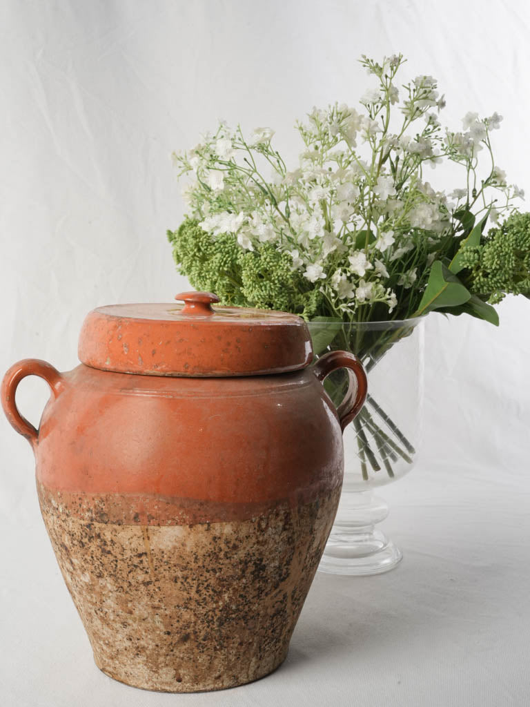 Antique French Confit Pot w/ Rare Surviving Lid and Warm Orange Glaze - 12½"