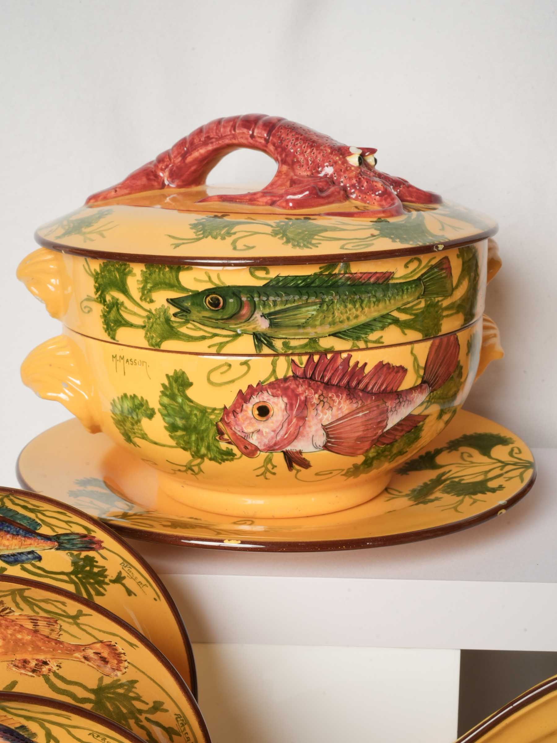 Remarkable 49-Piece Bouillabaisse Service in Hand-Painted Earthenware, 1960s