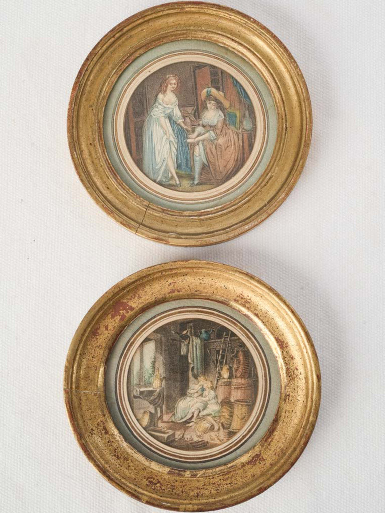 Pair of Early 19th Century French Round Giltwood Framed Miniatures w/ Intimate Scenes - 5"
