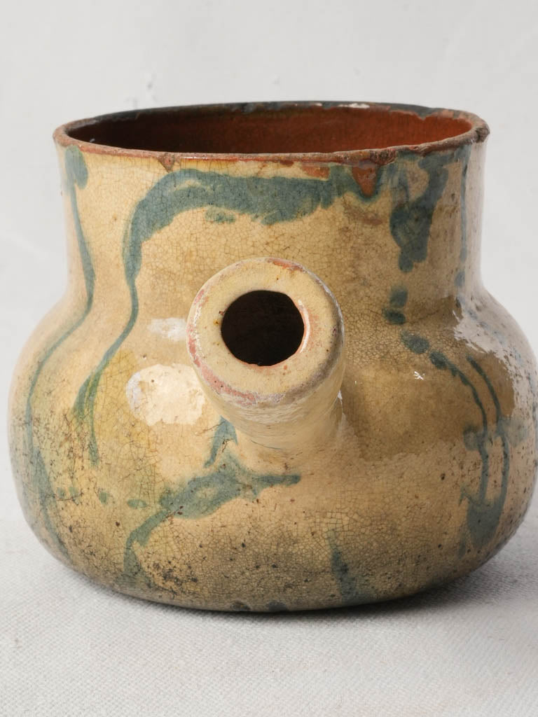 Antique Petite Vallauris Terracotta Saucepan w/ Blue Jaspé Decoration - 5"