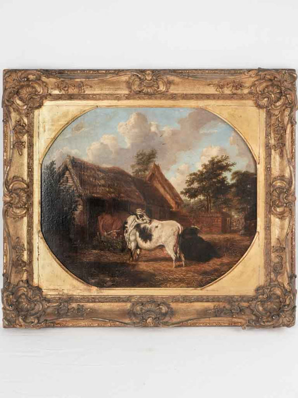 Antique bucolic oil painting, cows