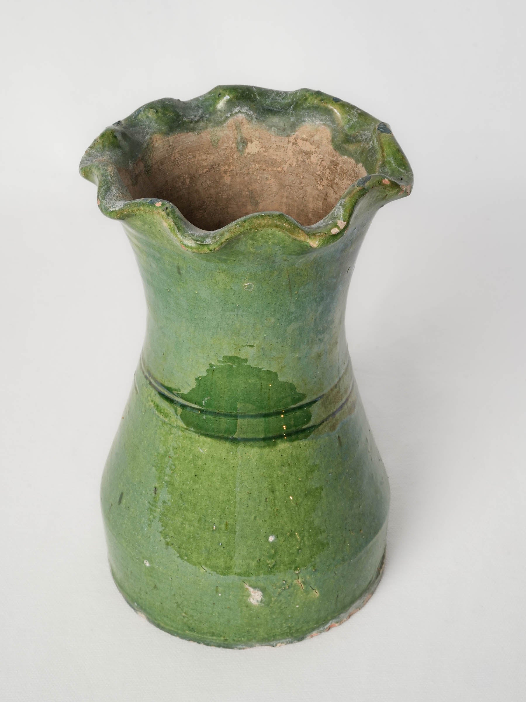 Castelnaudary Green-Glazed Terracotta Vase w/ Ruffled Rim, Early 20th Century - 9"