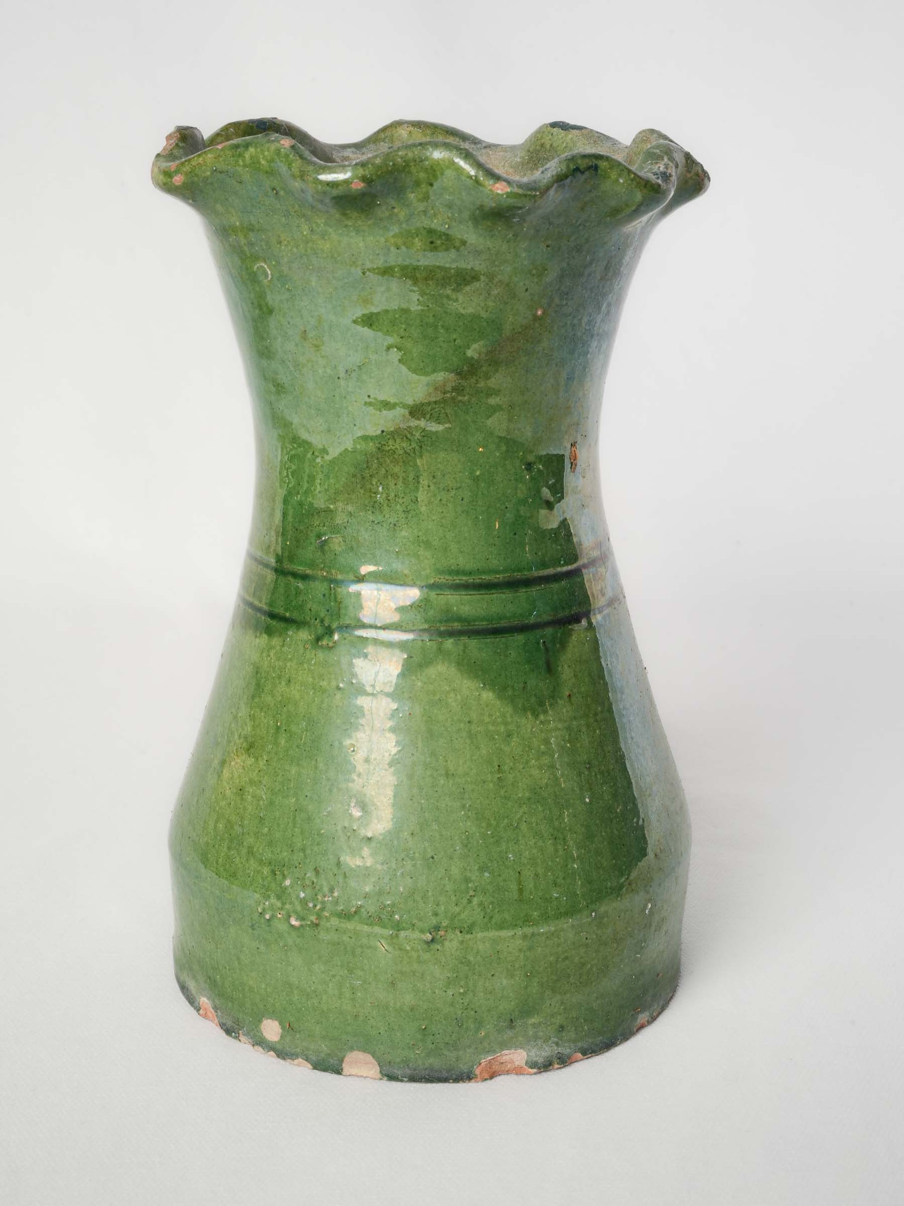 Castelnaudary Green-Glazed Terracotta Vase w/ Ruffled Rim, Early 20th Century - 9"