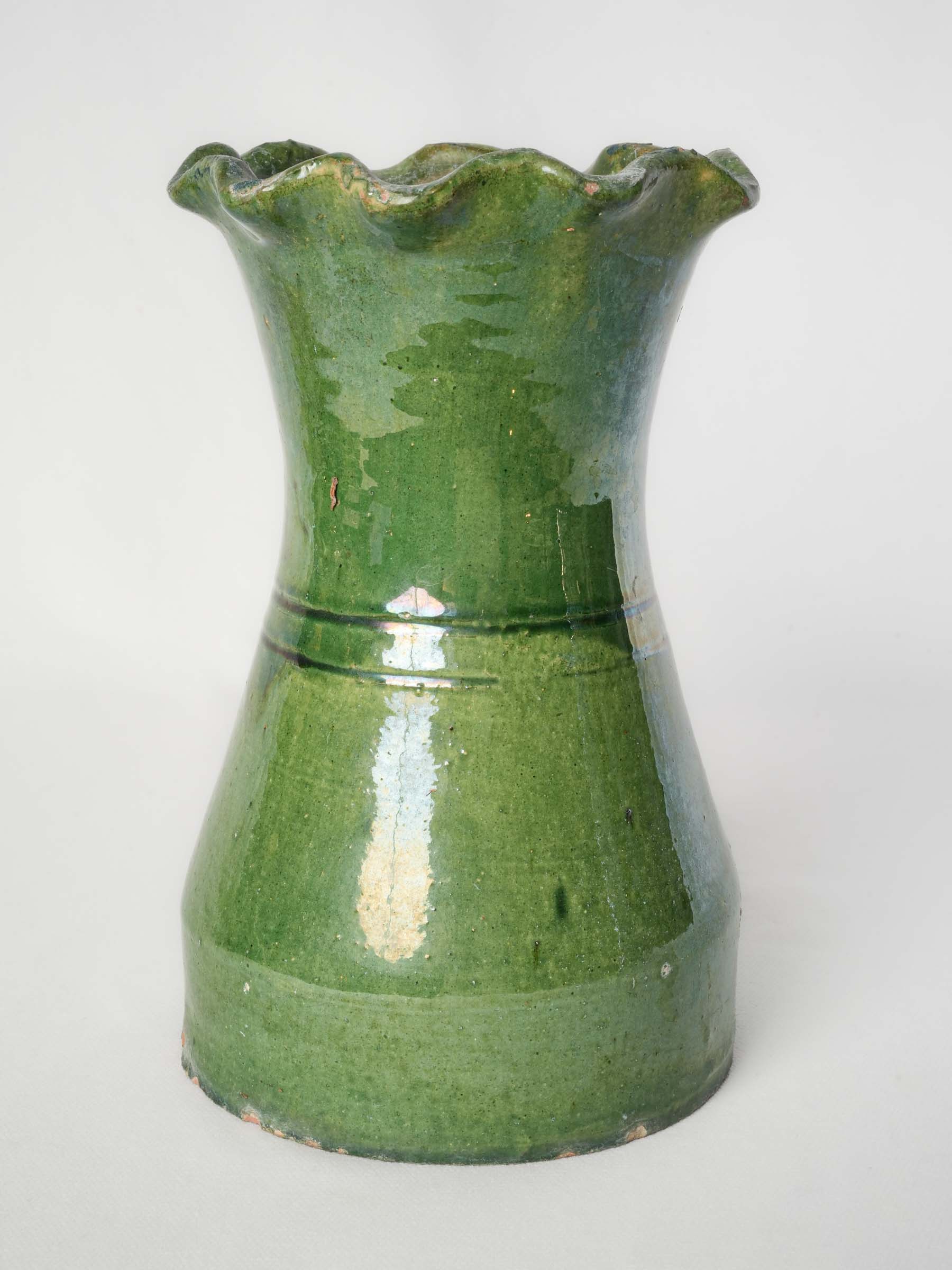 Castelnaudary Green-Glazed Terracotta Vase w/ Ruffled Rim, Early 20th Century - 9"