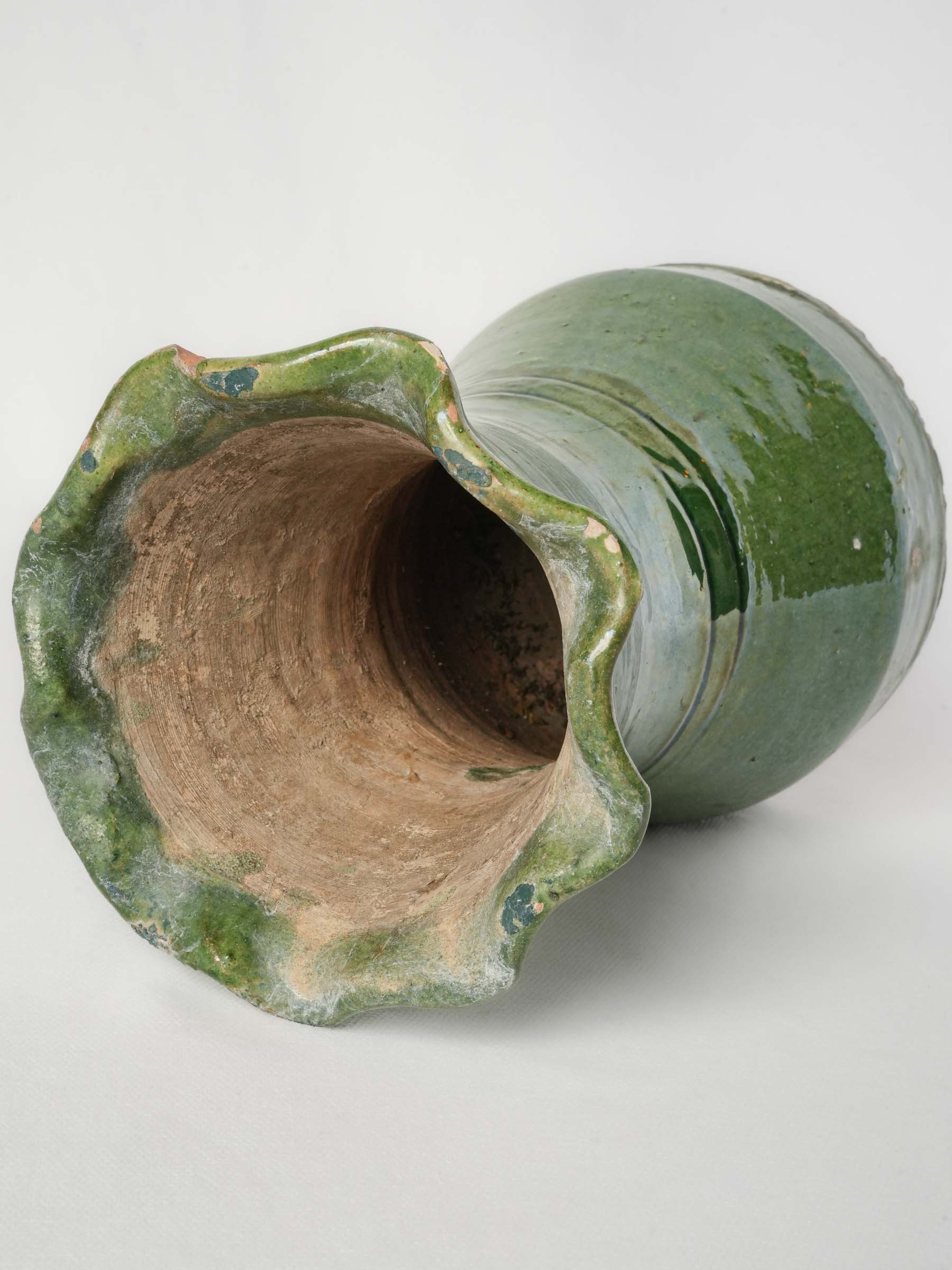Castelnaudary Green-Glazed Terracotta Vase w/ Ruffled Rim, Early 20th Century - 9"