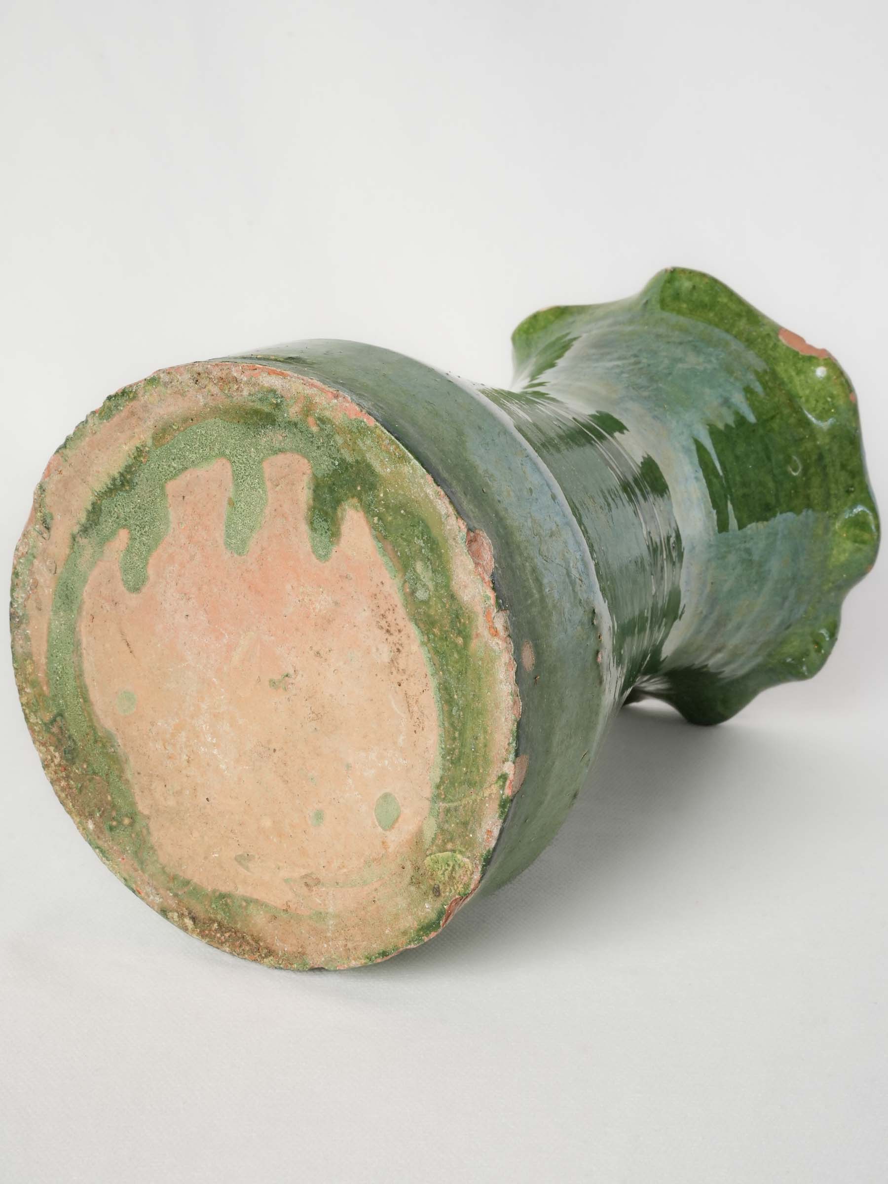 Castelnaudary Green-Glazed Terracotta Vase w/ Ruffled Rim, Early 20th Century - 9"