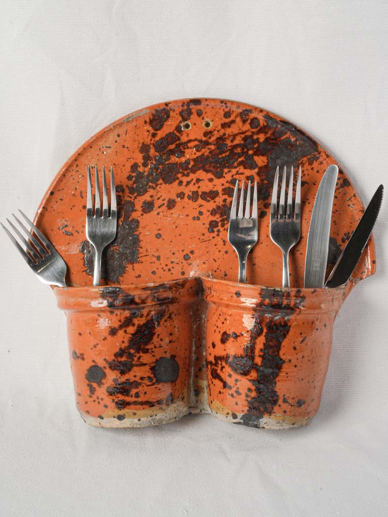 Wall-Mounted Glazed Terracotta Cutlery Strainer w/ Abstract Splatter Decoration c. 1900 - 11¾"