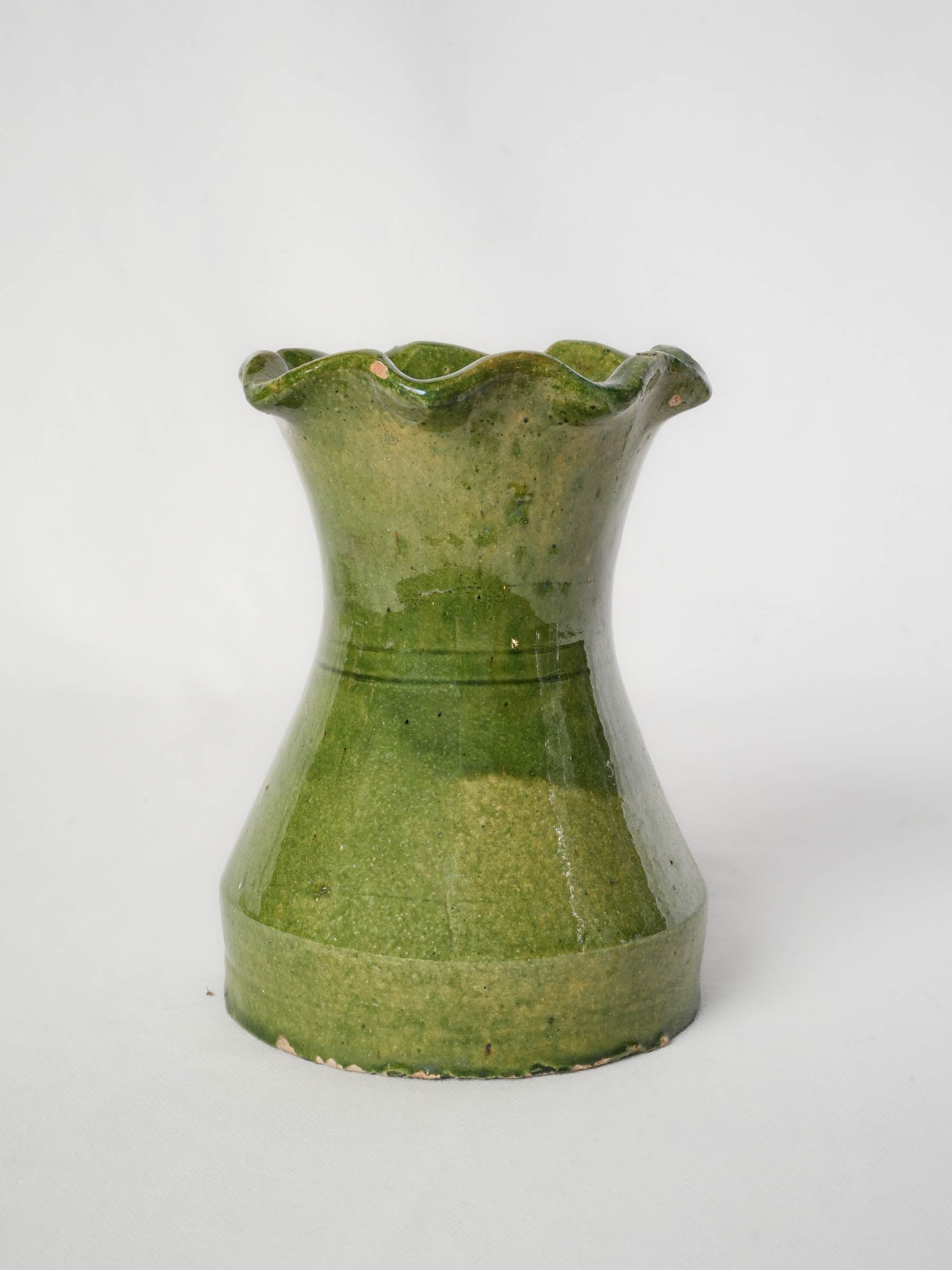 Petite Castelnaudary Olive-Green Glazed Terracotta Vase w/ Ruffled Rim, Early 20th Century - 7"