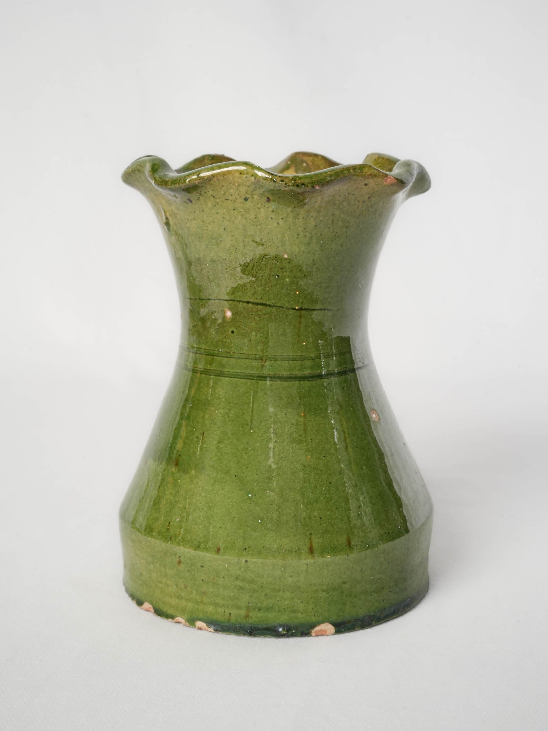 Petite Castelnaudary Olive-Green Glazed Terracotta Vase w/ Ruffled Rim, Early 20th Century - 7"