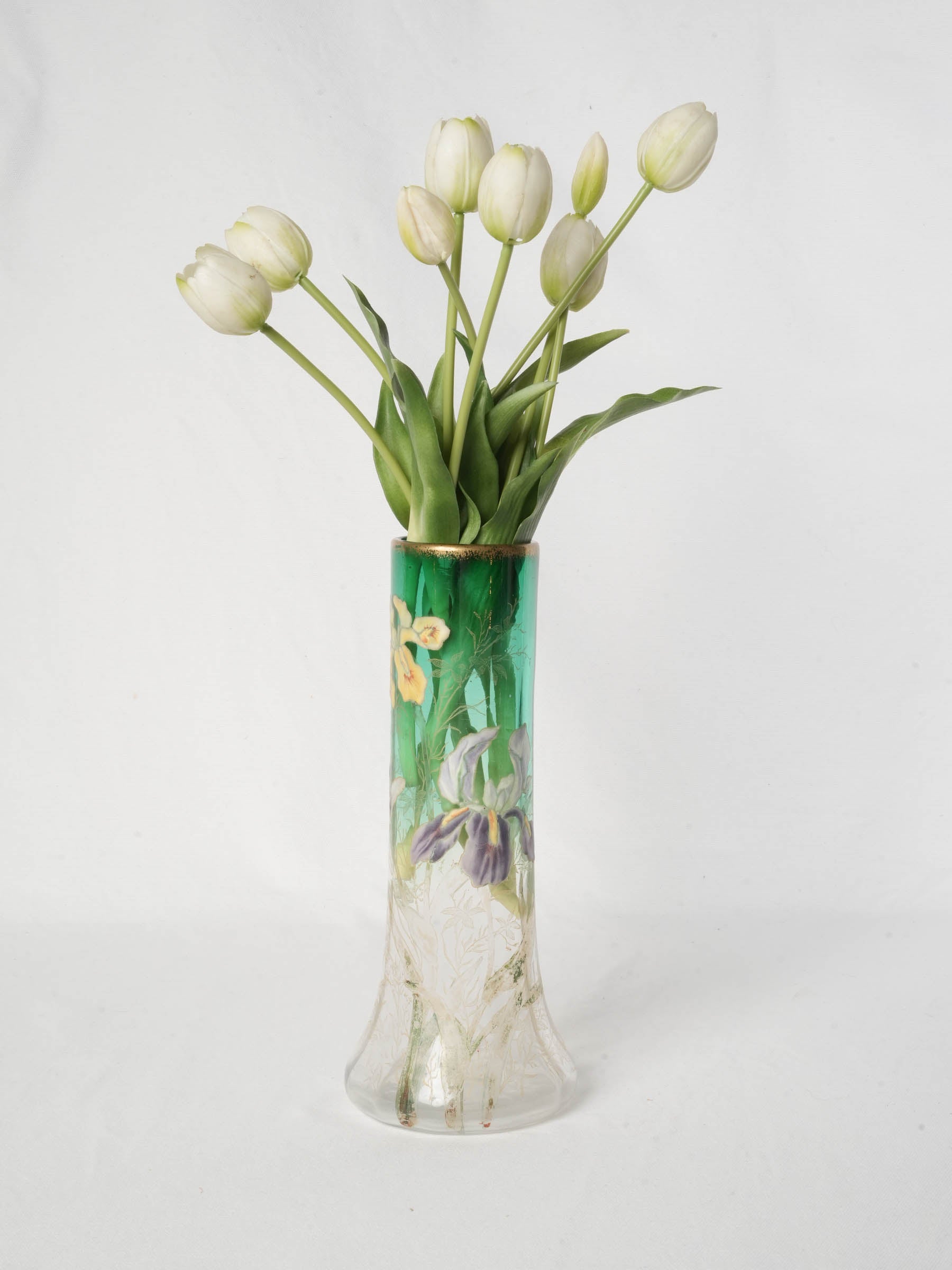 Art Nouveau Enamelled Glass Vase w/ Irises, Circa 1900 - 11¾"