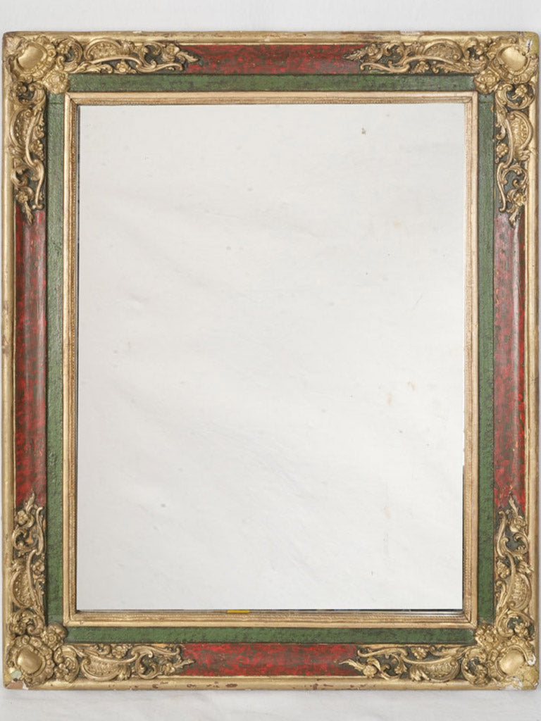 French Napoleon III Red & Green Faux Marble Giltwood Mirror - 32¾" x 27¼"