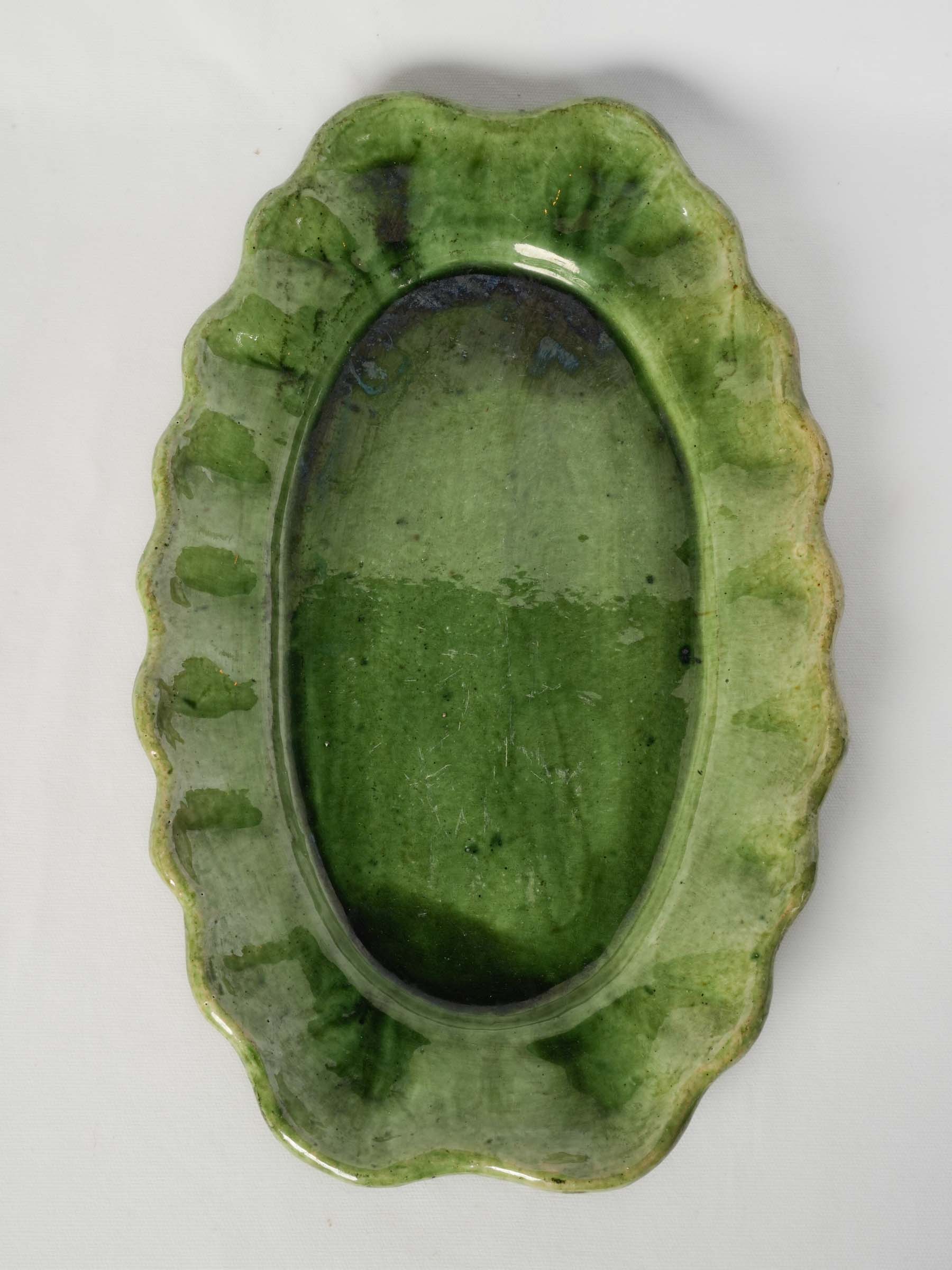 Large Green-Glazed Oval Serving Platter w/ Ruffled Rim, 1960s - 12½"