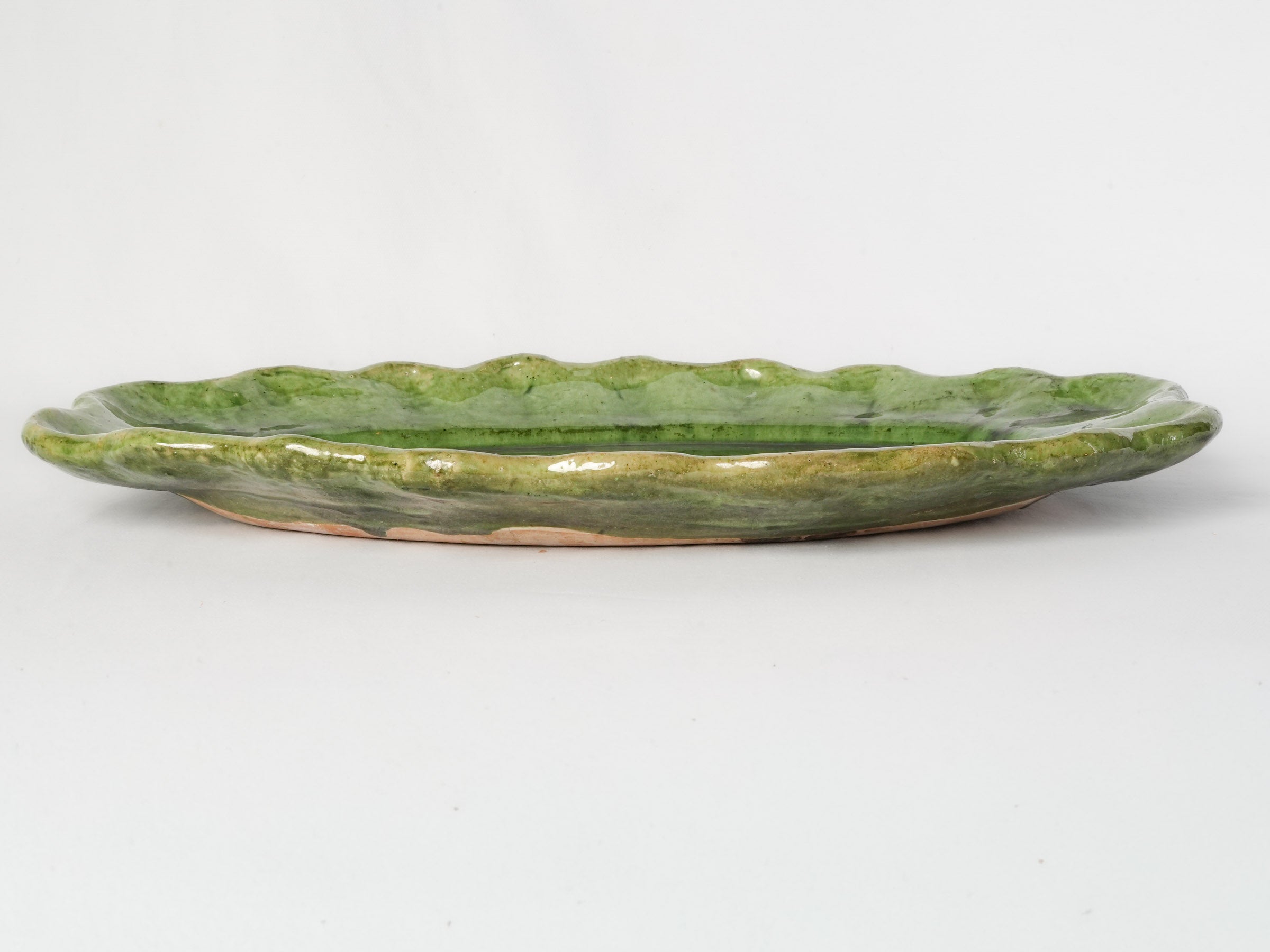 Large Green-Glazed Oval Serving Platter w/ Ruffled Rim, 1960s - 12½"