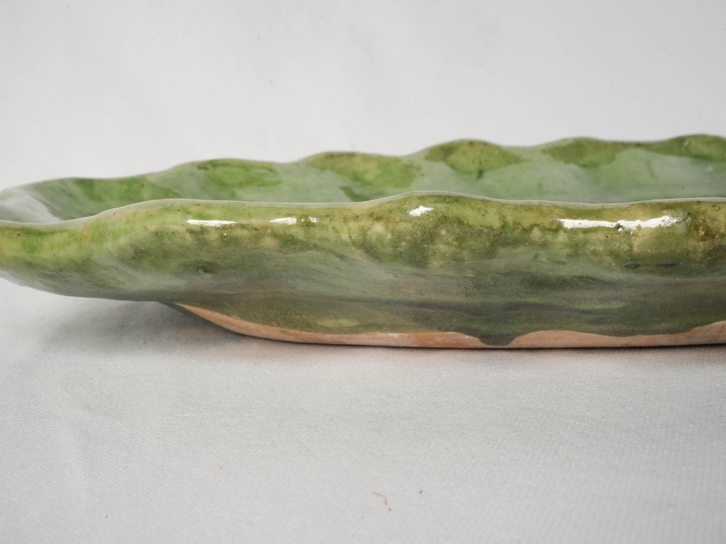 Large Green-Glazed Oval Serving Platter w/ Ruffled Rim, 1960s - 12½"