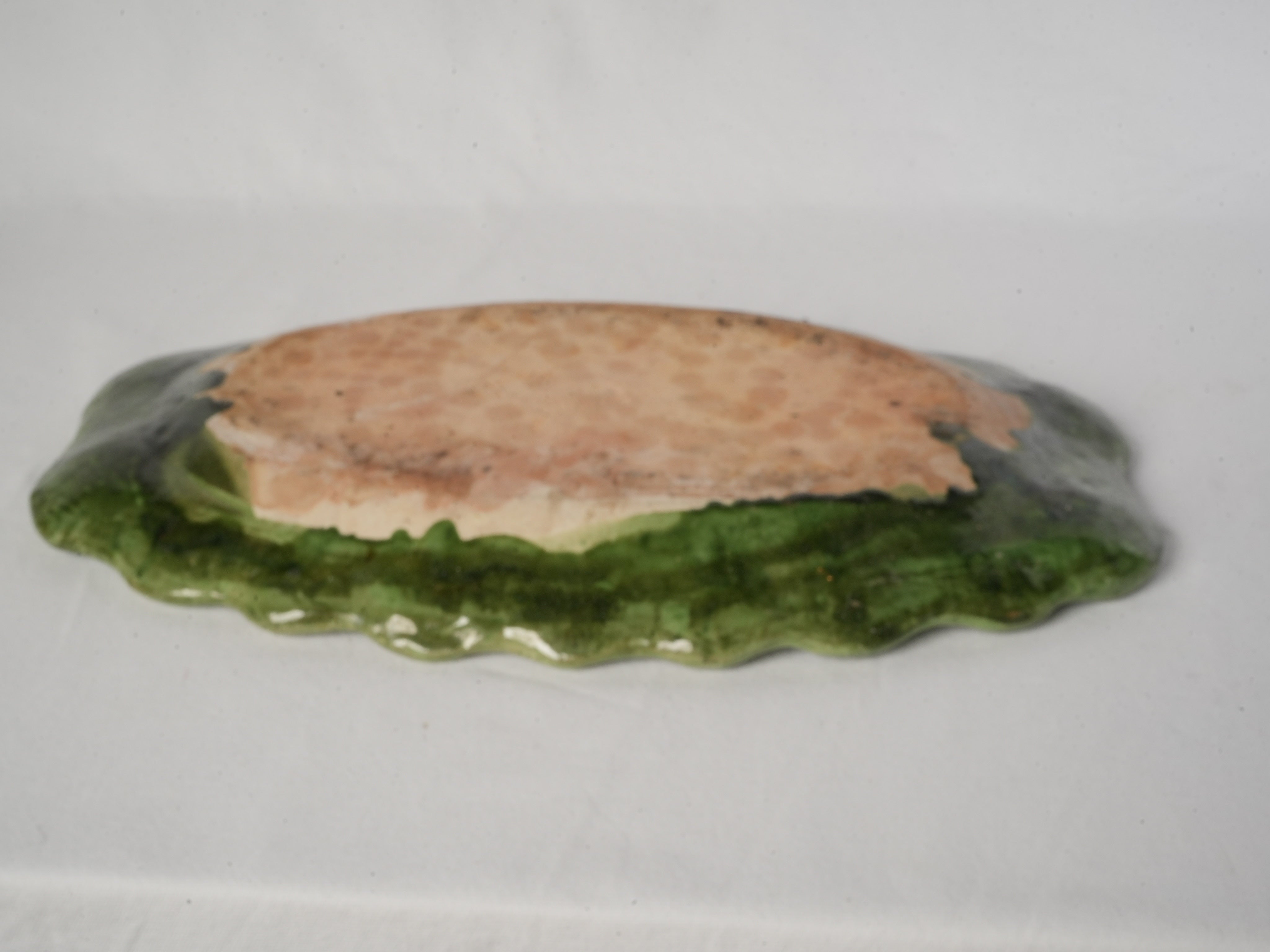 Large Green-Glazed Oval Serving Platter w/ Ruffled Rim, 1960s - 12½"