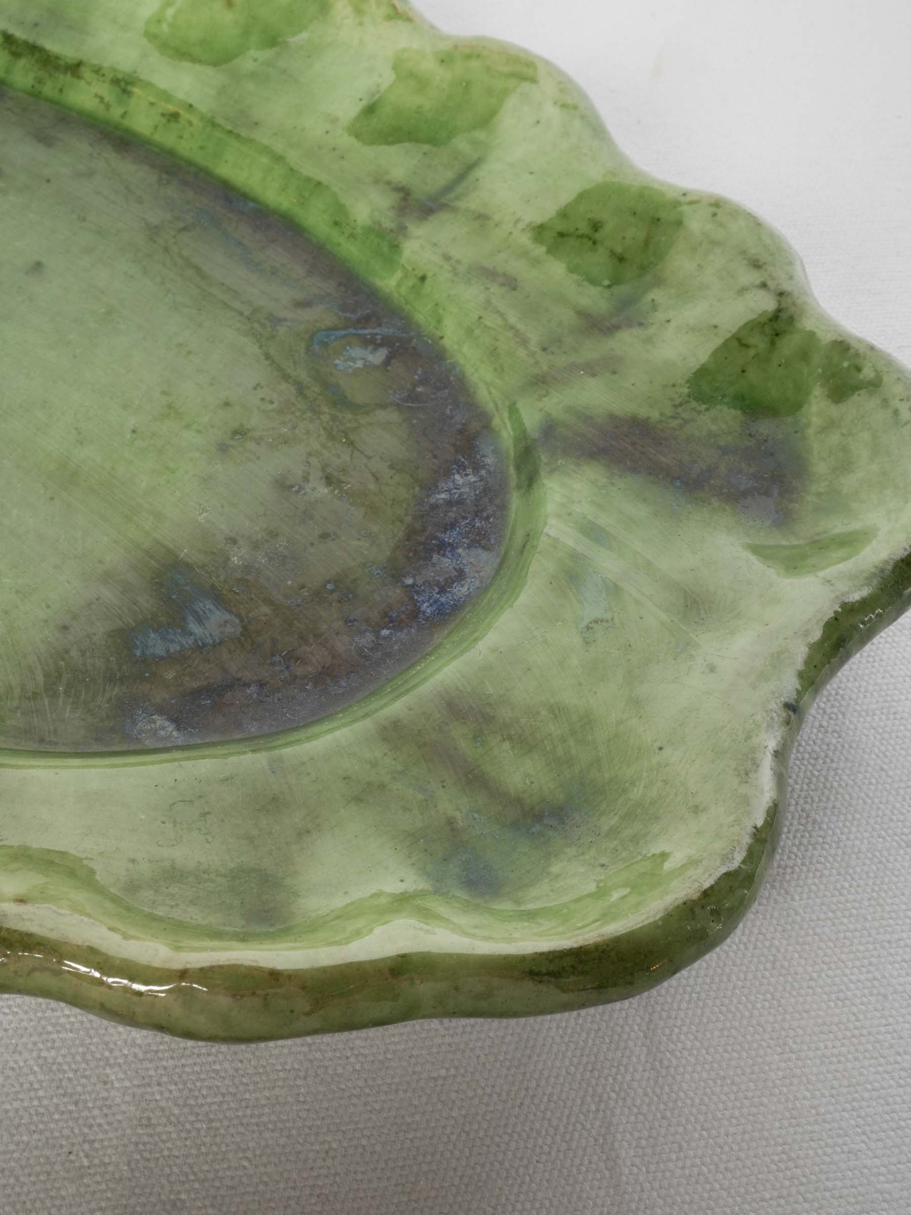 Large Green-Glazed Oval Serving Platter w/ Ruffled Rim, 1960s - 12½"