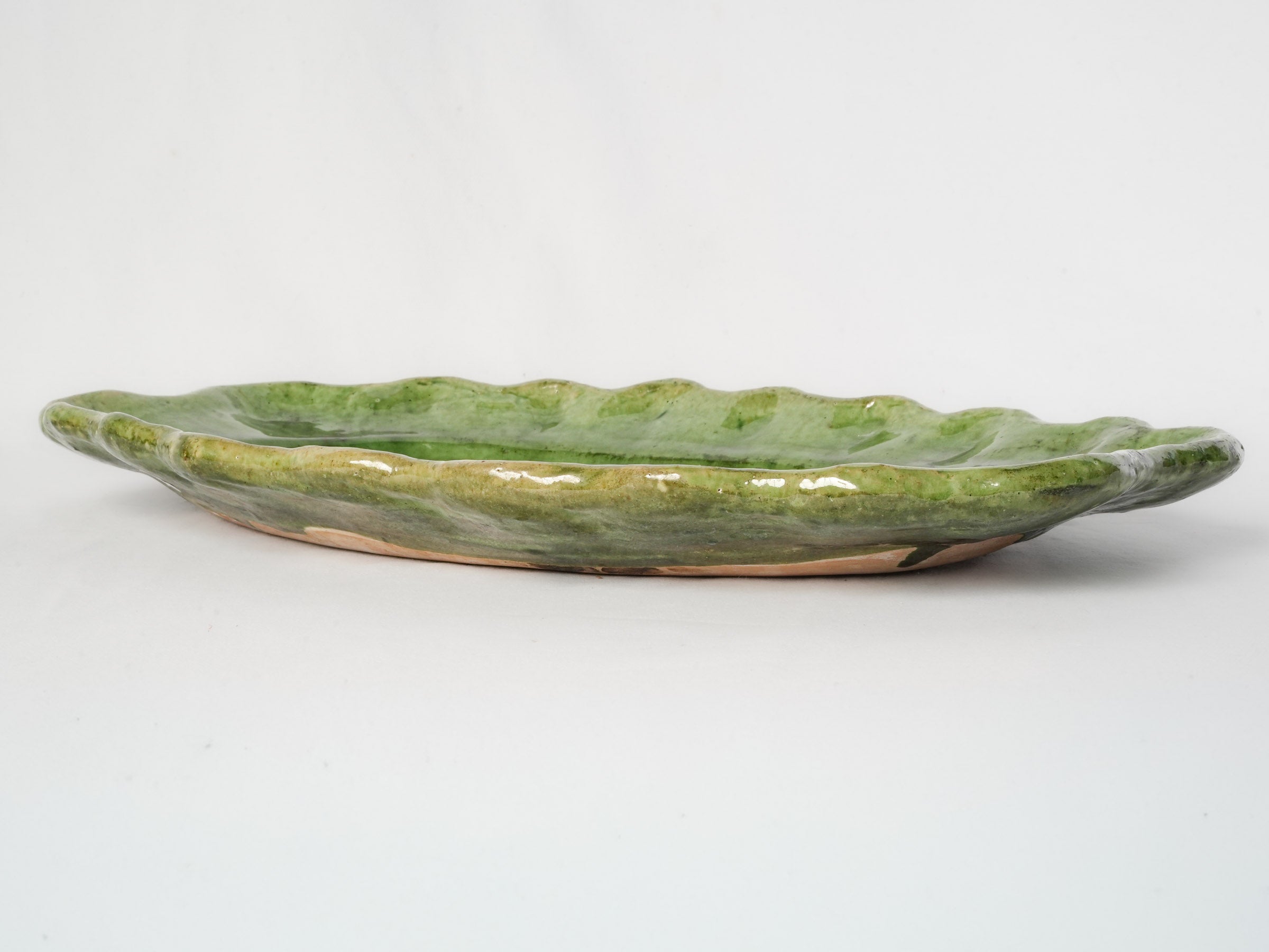Large Green-Glazed Oval Serving Platter w/ Ruffled Rim, 1960s - 12½"