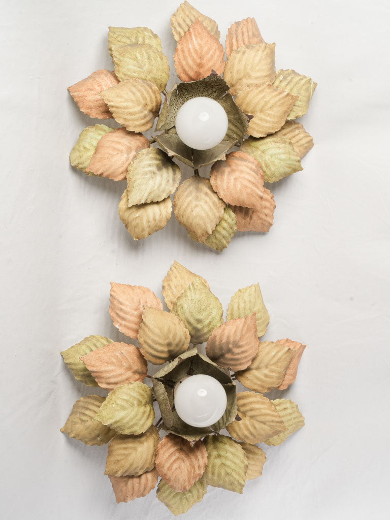Large Pair of Painted Tole Flowerhead Flush Mounts or Wall Sconces From The 1970s - 17¾"