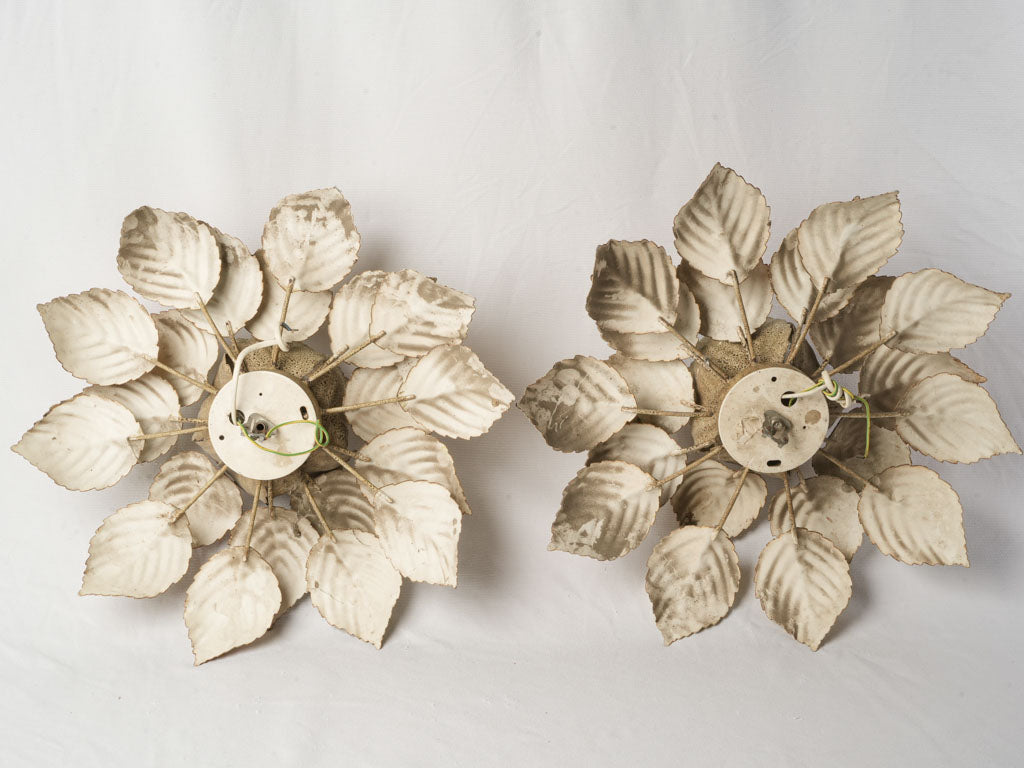 Large Pair of Painted Tole Flowerhead Flush Mounts or Wall Sconces From The 1970s - 17¾"