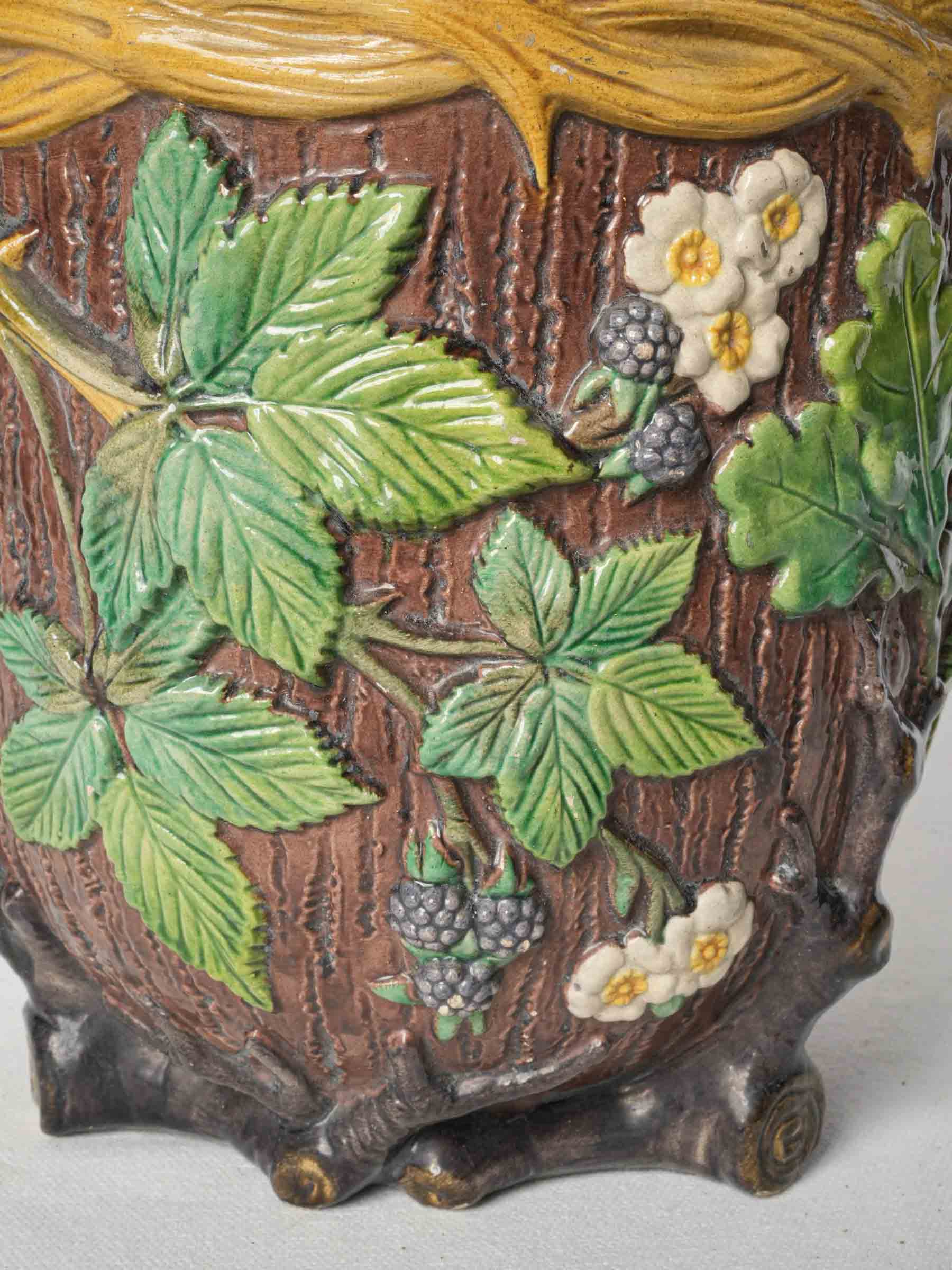 French Art Nouveau Majolica Cachepot w/ Brambles & Blackberries, C. 1900 - 9"