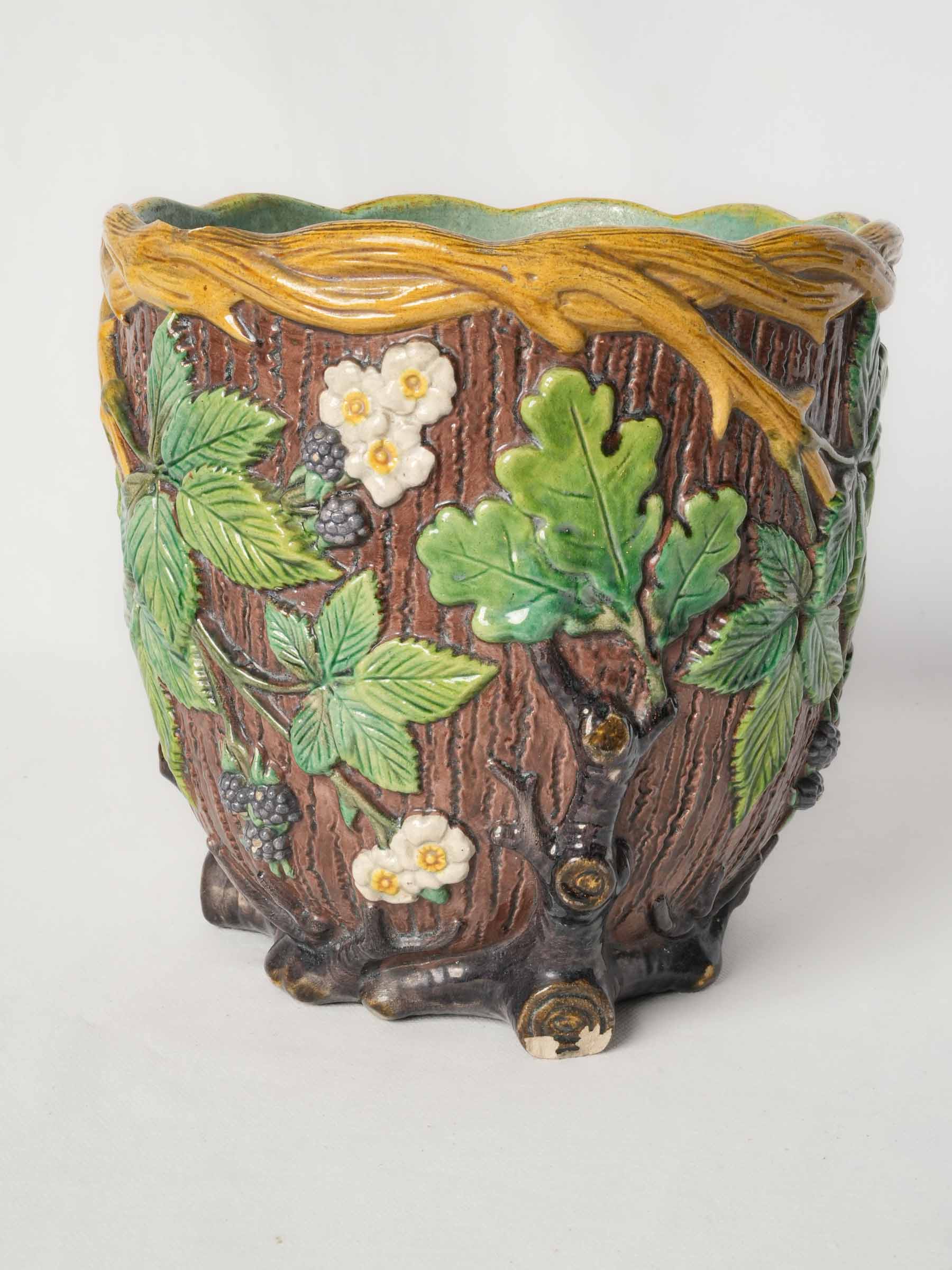 French Art Nouveau Majolica Cachepot w/ Brambles & Blackberries, C. 1900 - 9"