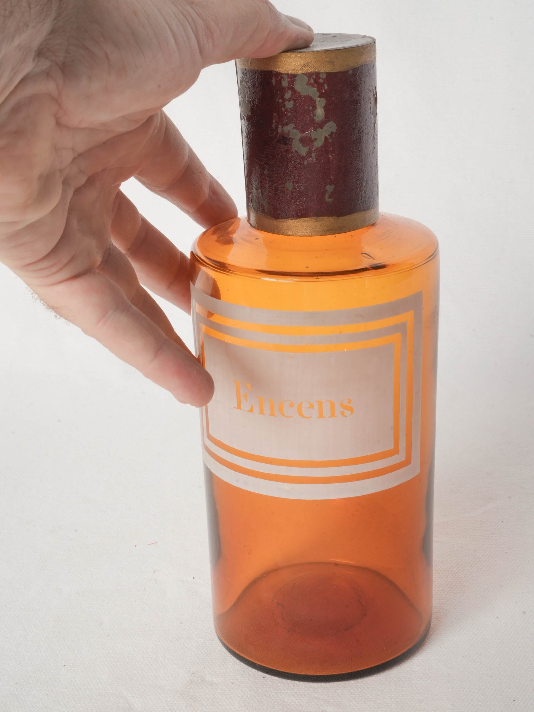 Antique French Amber Glass Apothecary Bottle “Encens”, Circa 1900 - 9¾"