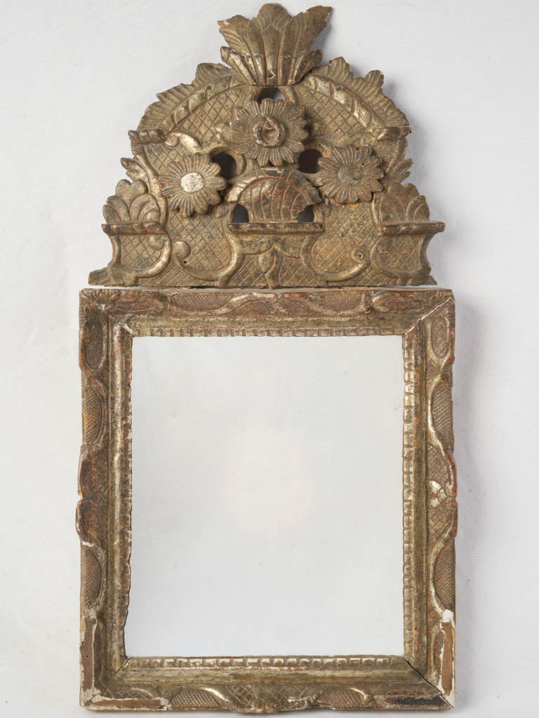 Rustic Petite French Gilt Mirror W/ Floral Crest - 26½" x 13¾"
