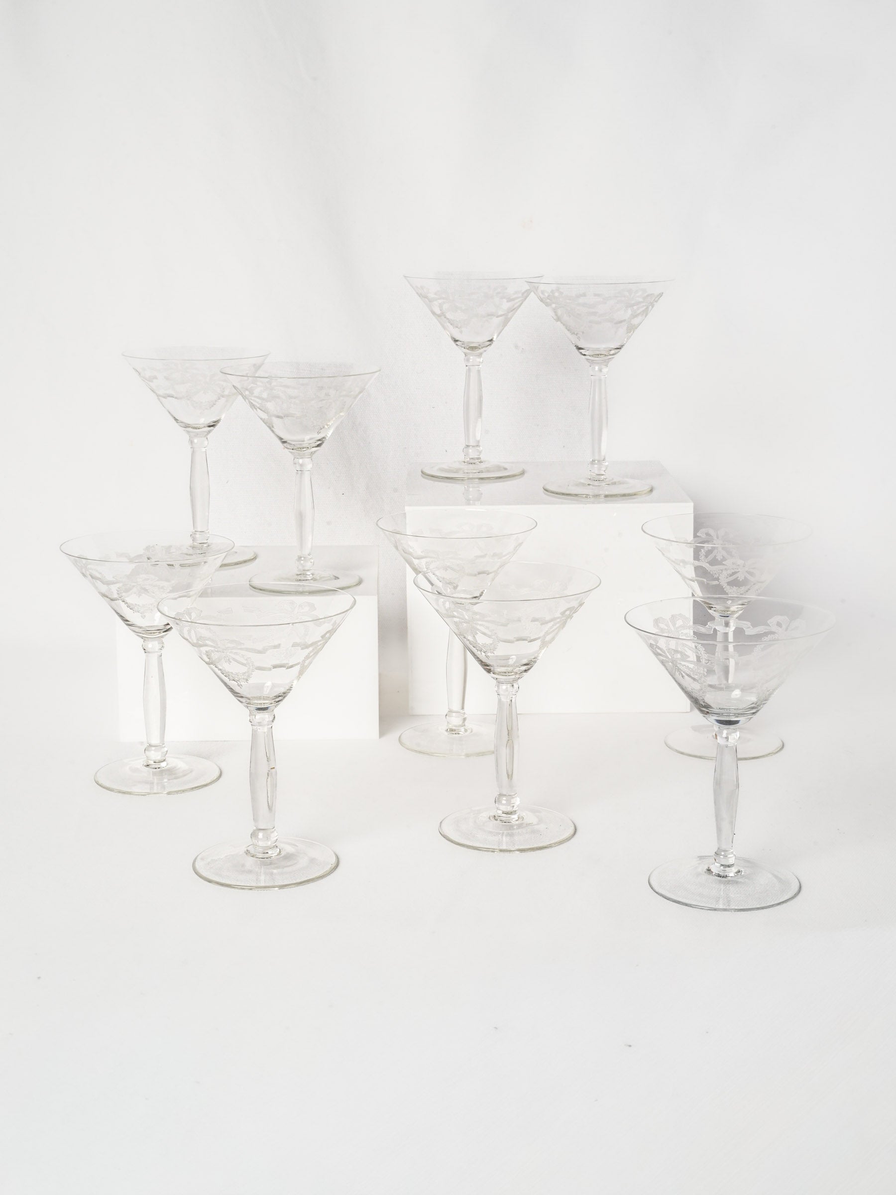 Set of Ten Antique Engraved Crystal Champagne Coupes - 6¼"