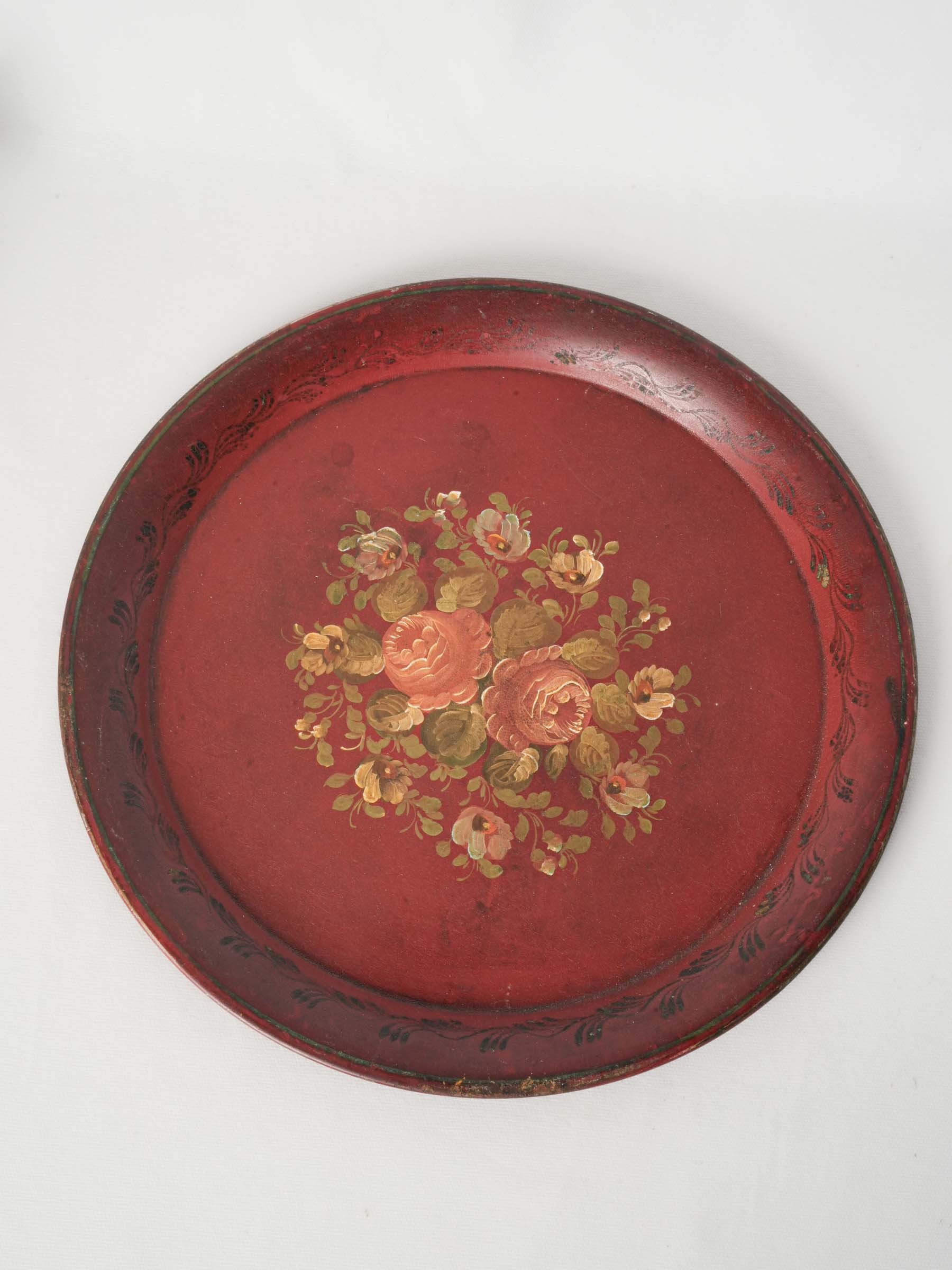 Antique French Hand-Painted Tôle Tray w/ Floral Bouquet - 15¼"