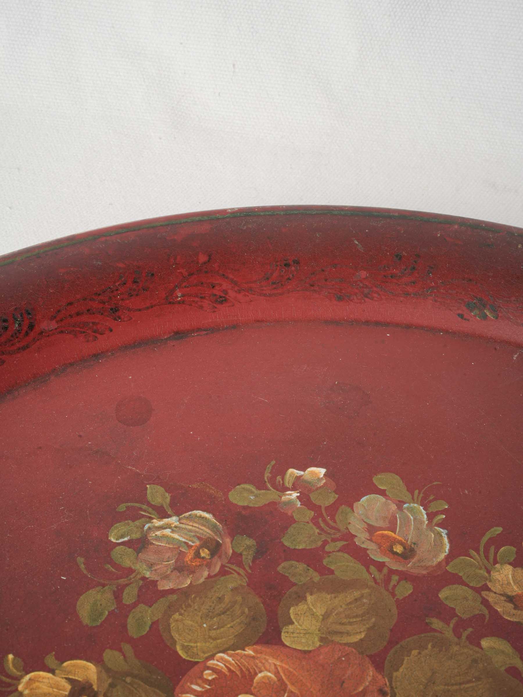 Antique French Hand-Painted Tôle Tray w/ Floral Bouquet - 15¼"