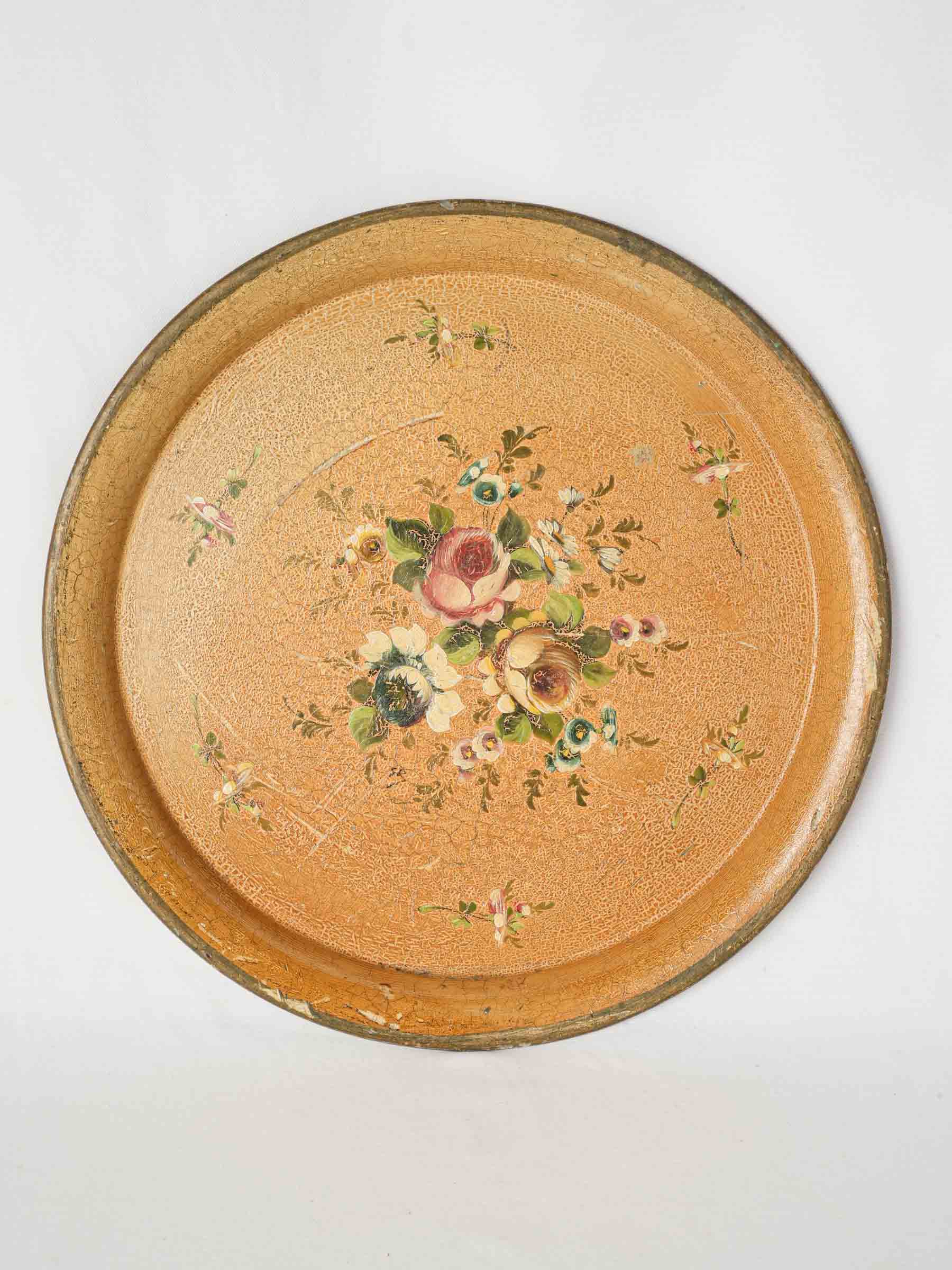 Large Antique Hand-Painted Tôle Tray w/ Floral Bouquet & Ochre Ground - 17¾"