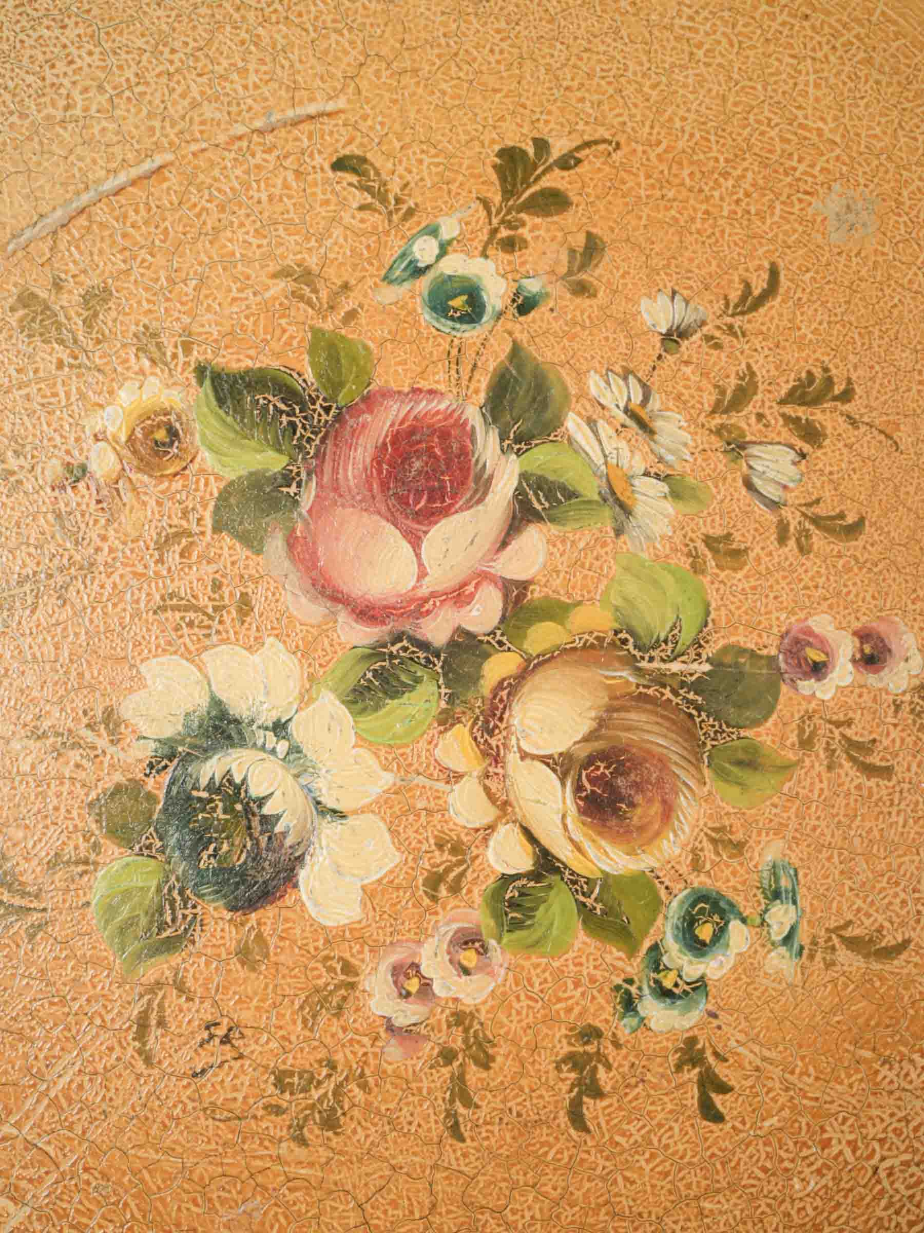 Large Antique Hand-Painted Tôle Tray w/ Floral Bouquet & Ochre Ground - 17¾"