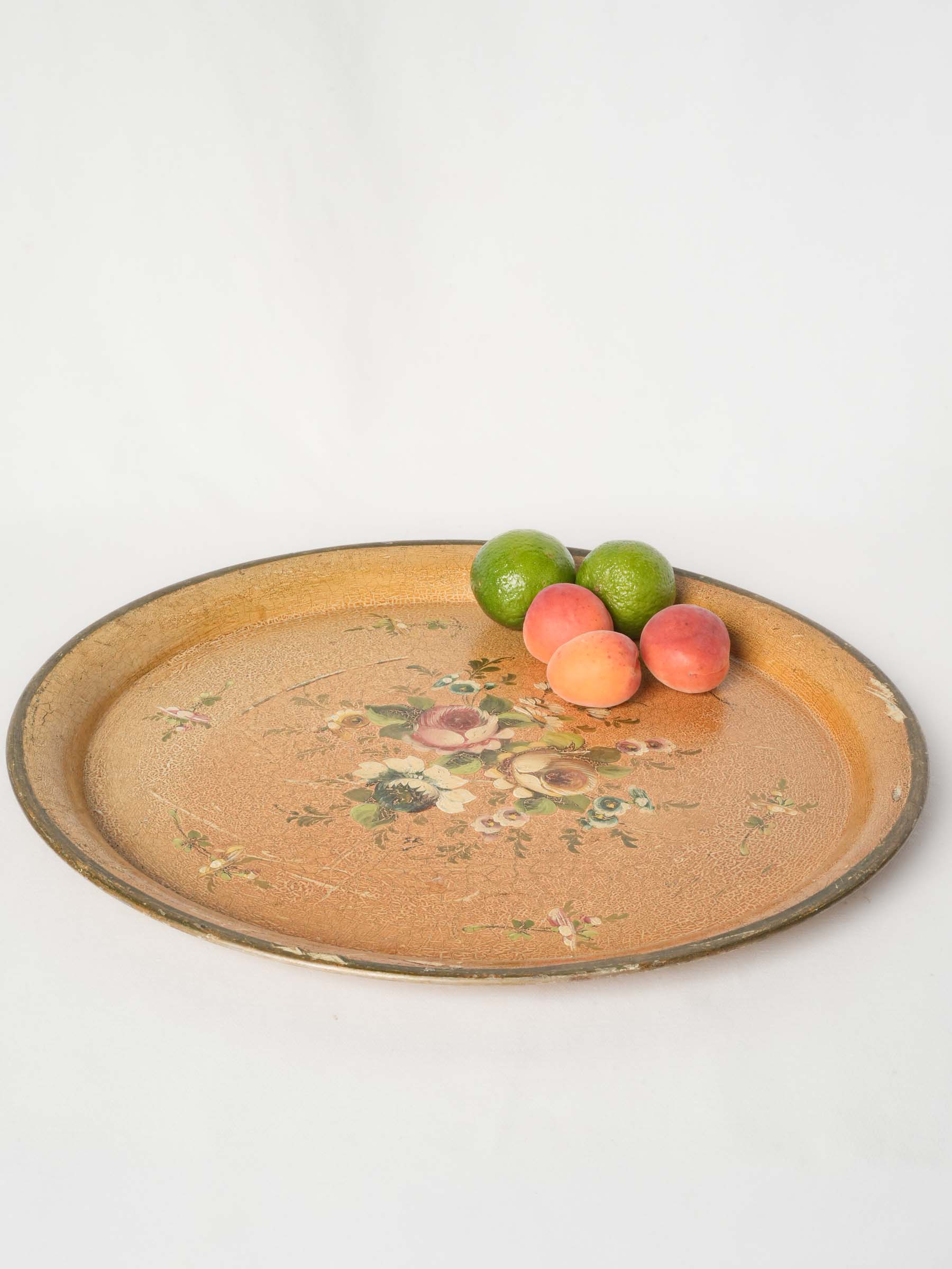 Large Antique Hand-Painted Tôle Tray w/ Floral Bouquet & Ochre Ground - 17¾"
