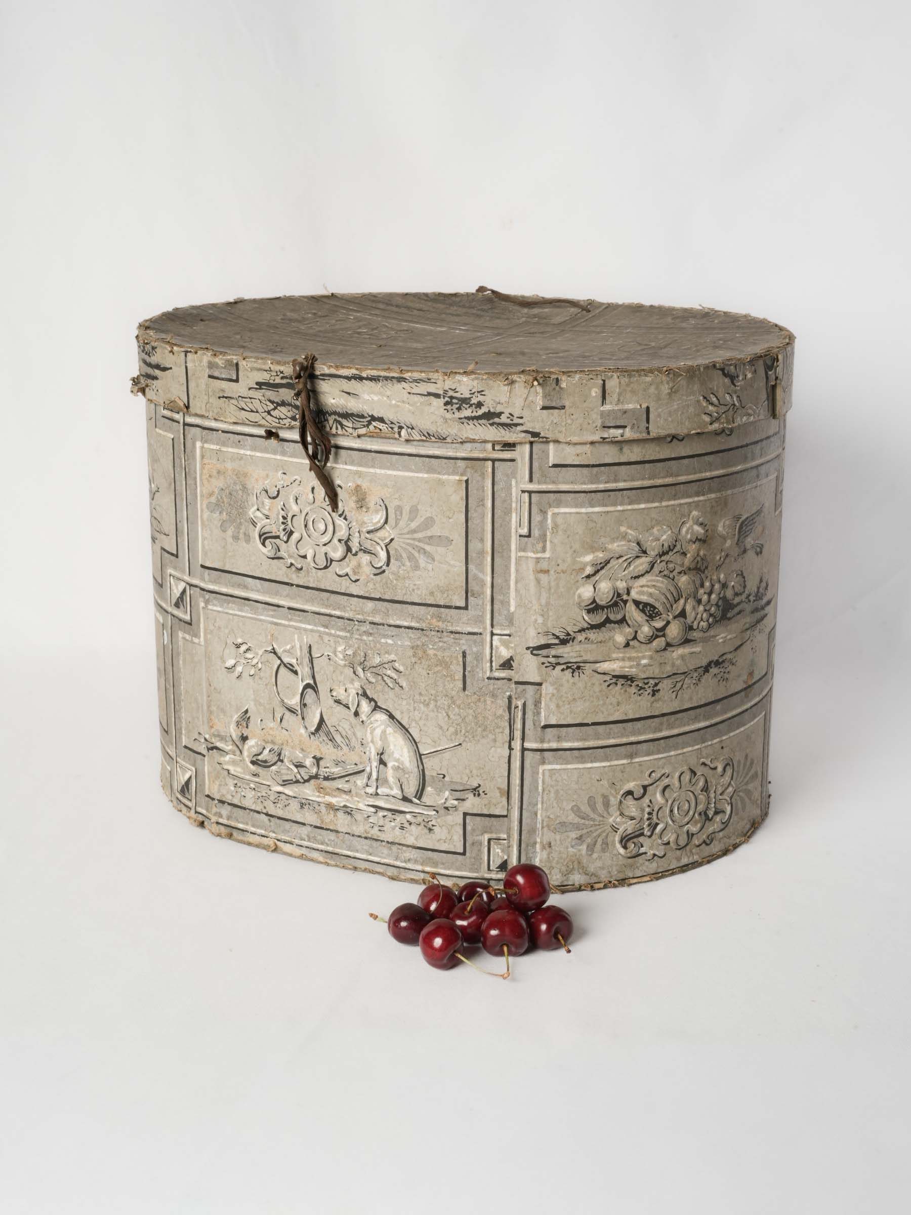 Antique Paper-Covered Hat Box w/ Hunting and Still-Life Motifs - 12½" x 17"
