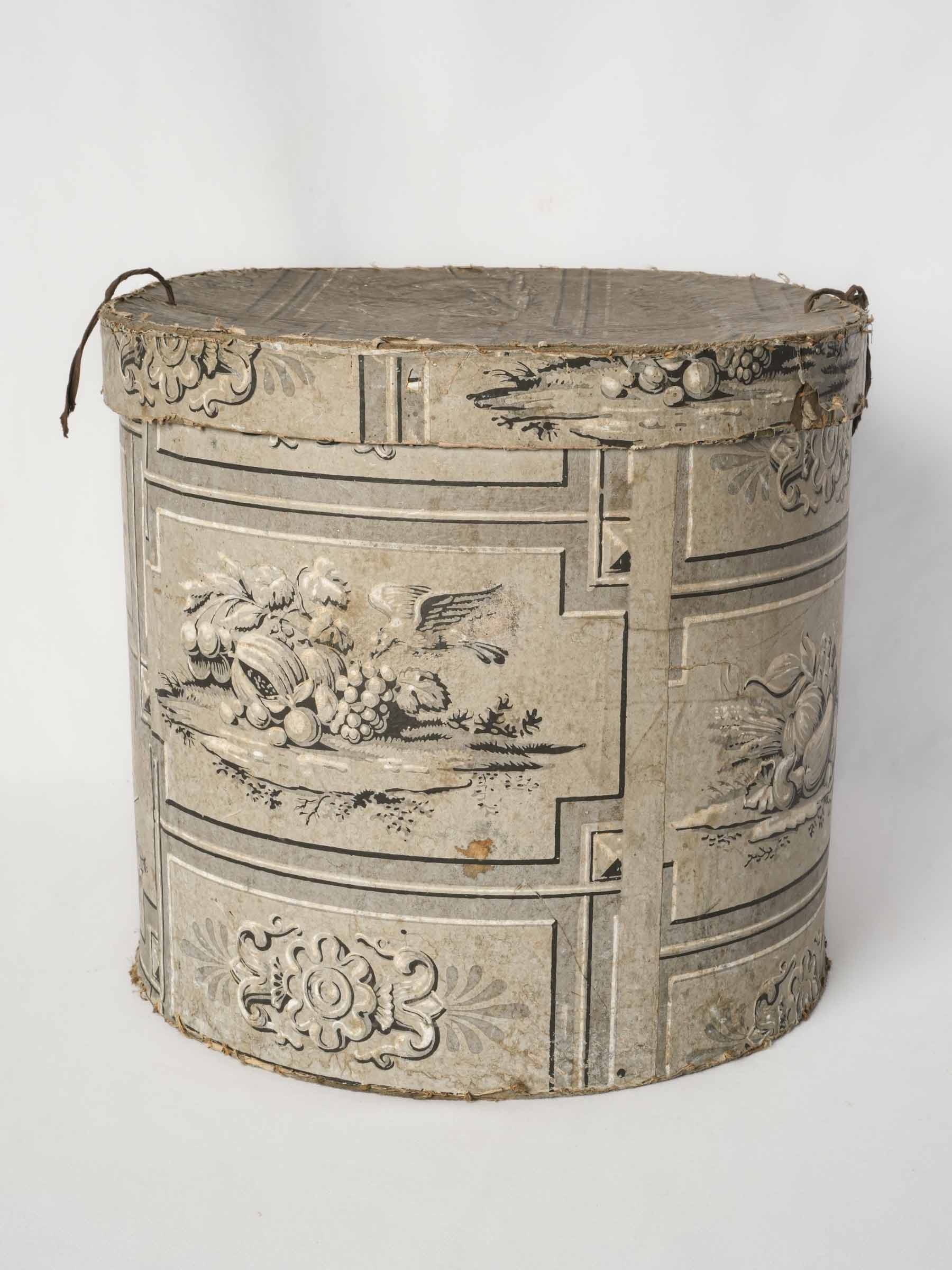 Antique Paper-Covered Hat Box w/ Hunting and Still-Life Motifs - 12½" x 17"