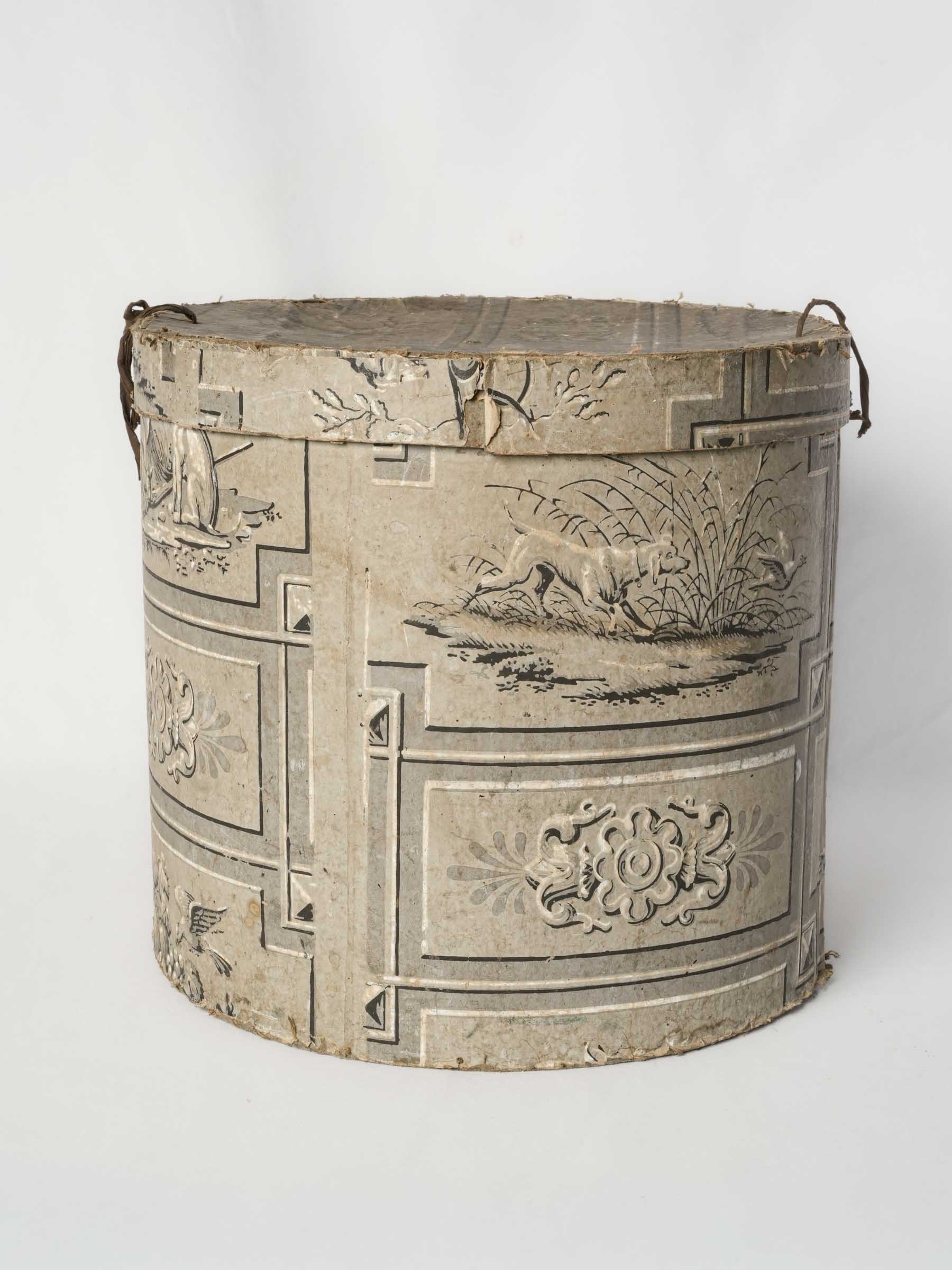 Antique Paper-Covered Hat Box w/ Hunting and Still-Life Motifs - 12½" x 17"