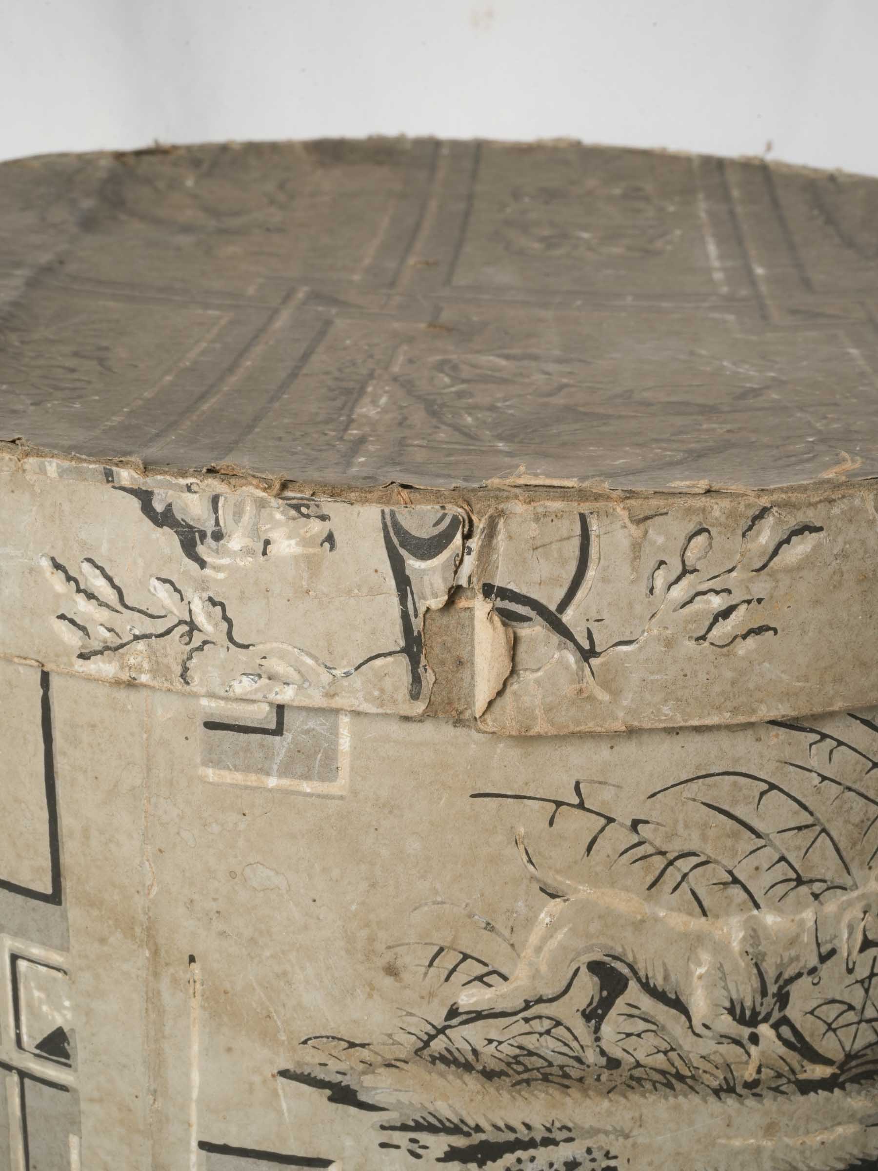 Antique Paper-Covered Hat Box w/ Hunting and Still-Life Motifs - 12½" x 17"