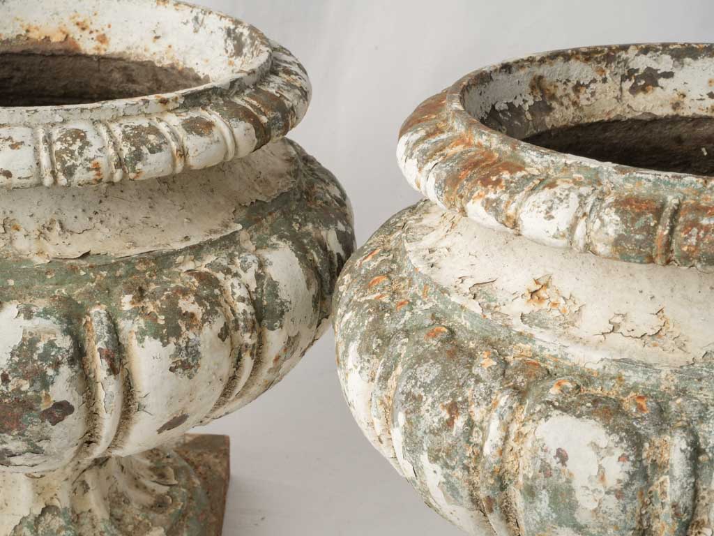 Set of Three French Cast Iron Garden Urns w/ Layered Patina - 13½"