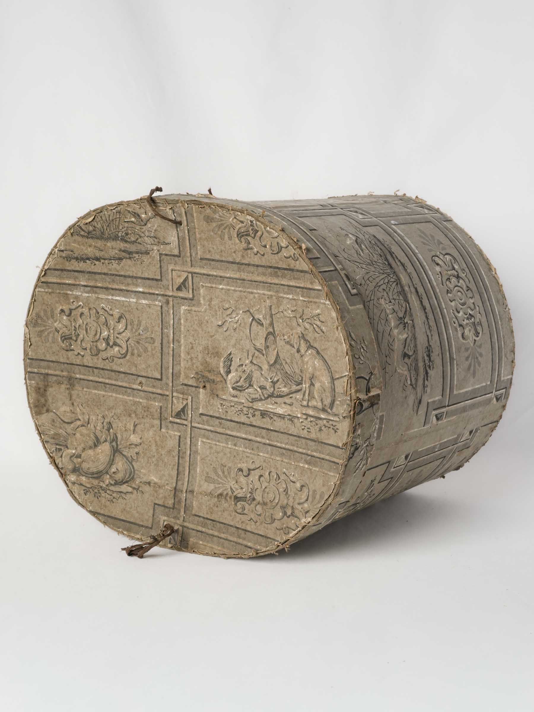 Antique Paper-Covered Hat Box w/ Hunting and Still-Life Motifs - 12½" x 17"