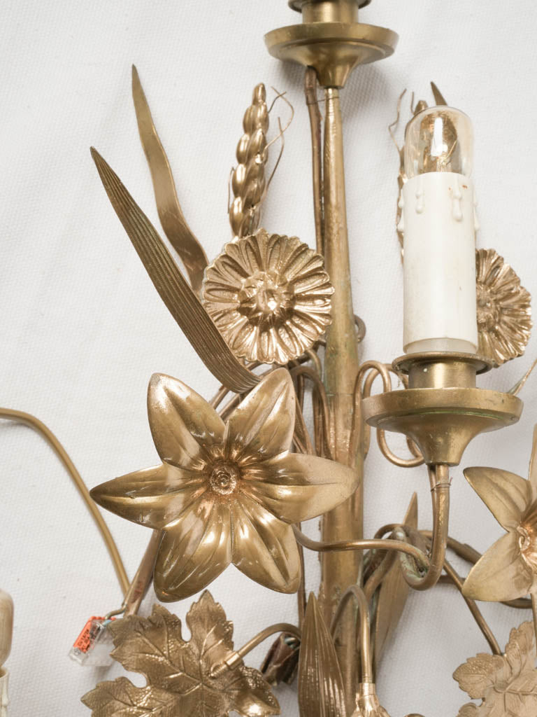 Statement Pair of Mid Century Gilt Brass Wall Sconces - 31"