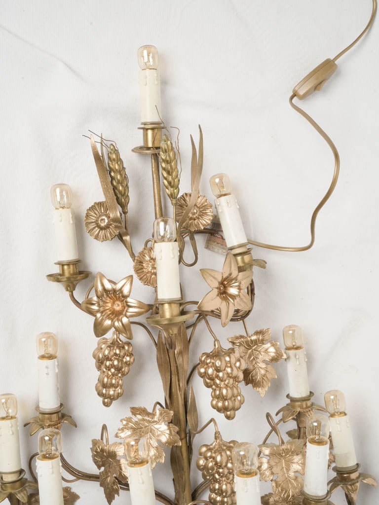 Statement Pair of Mid Century Gilt Brass Wall Sconces - 31"