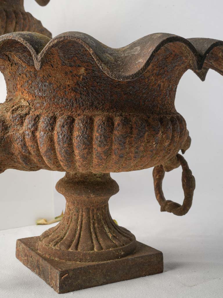 Pair of 19th Century French Cast Iron Garden Urns w/ Scalloped Rims and Lion Head Handles - 10¾"