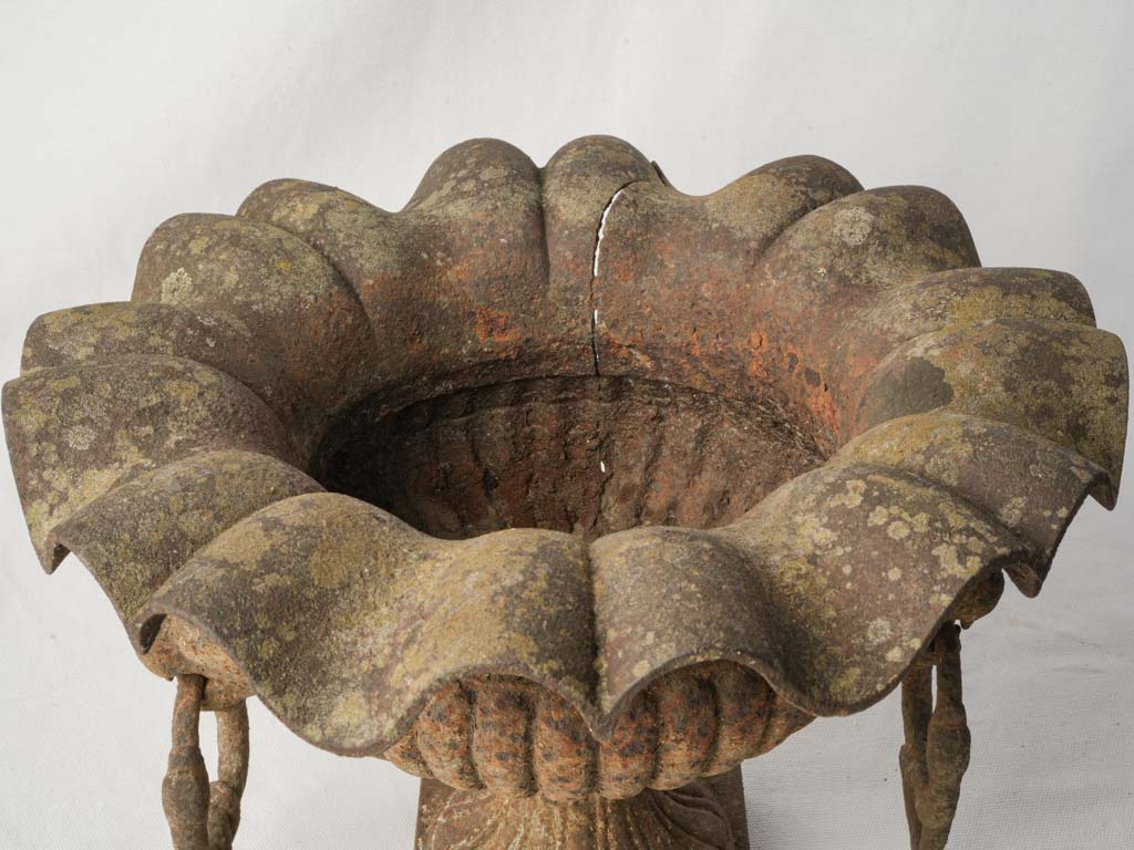 Pair of 19th Century French Cast Iron Garden Urns w/ Scalloped Rims and Lion Head Handles - 10¾"