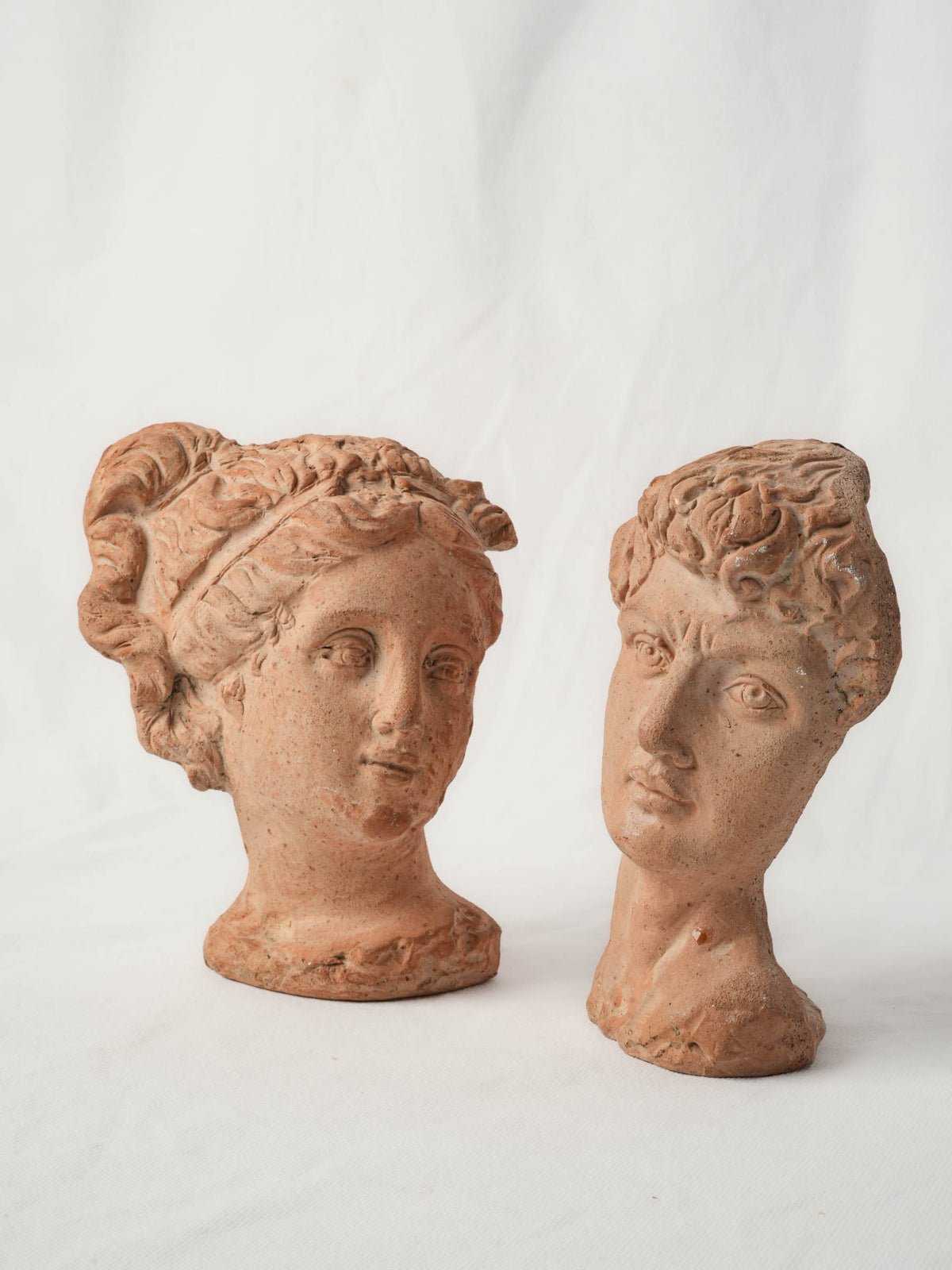 Pair of Small Classical Male and Female Heads in Terracotta - 8"