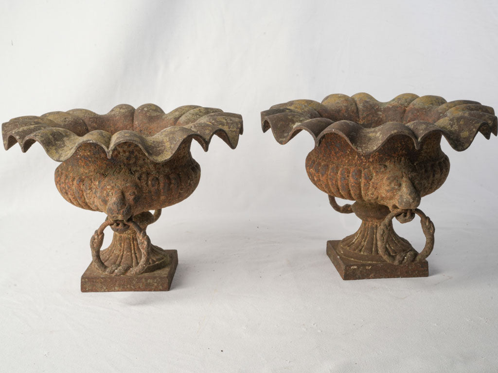 Pair of 19th Century French Cast Iron Garden Urns w/ Scalloped Rims and Lion Head Handles - 10¾"